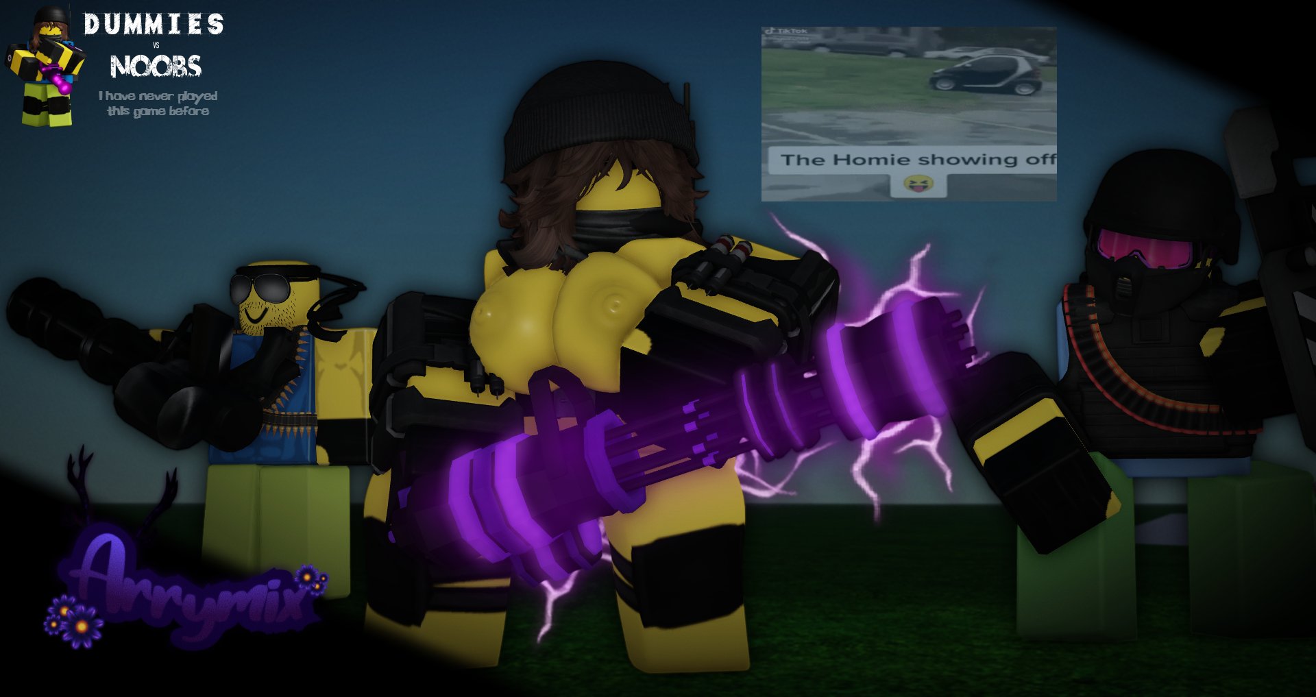 1girls, 3d, areolae, arrymix, breasts, dummies vs noobs, gaia (dummies vs noobs), gun, meme in the background, nipples, noob, reference image, roblox, roblox game, robloxian, standing, tactical gear, tactical nudity, tagme, weapon