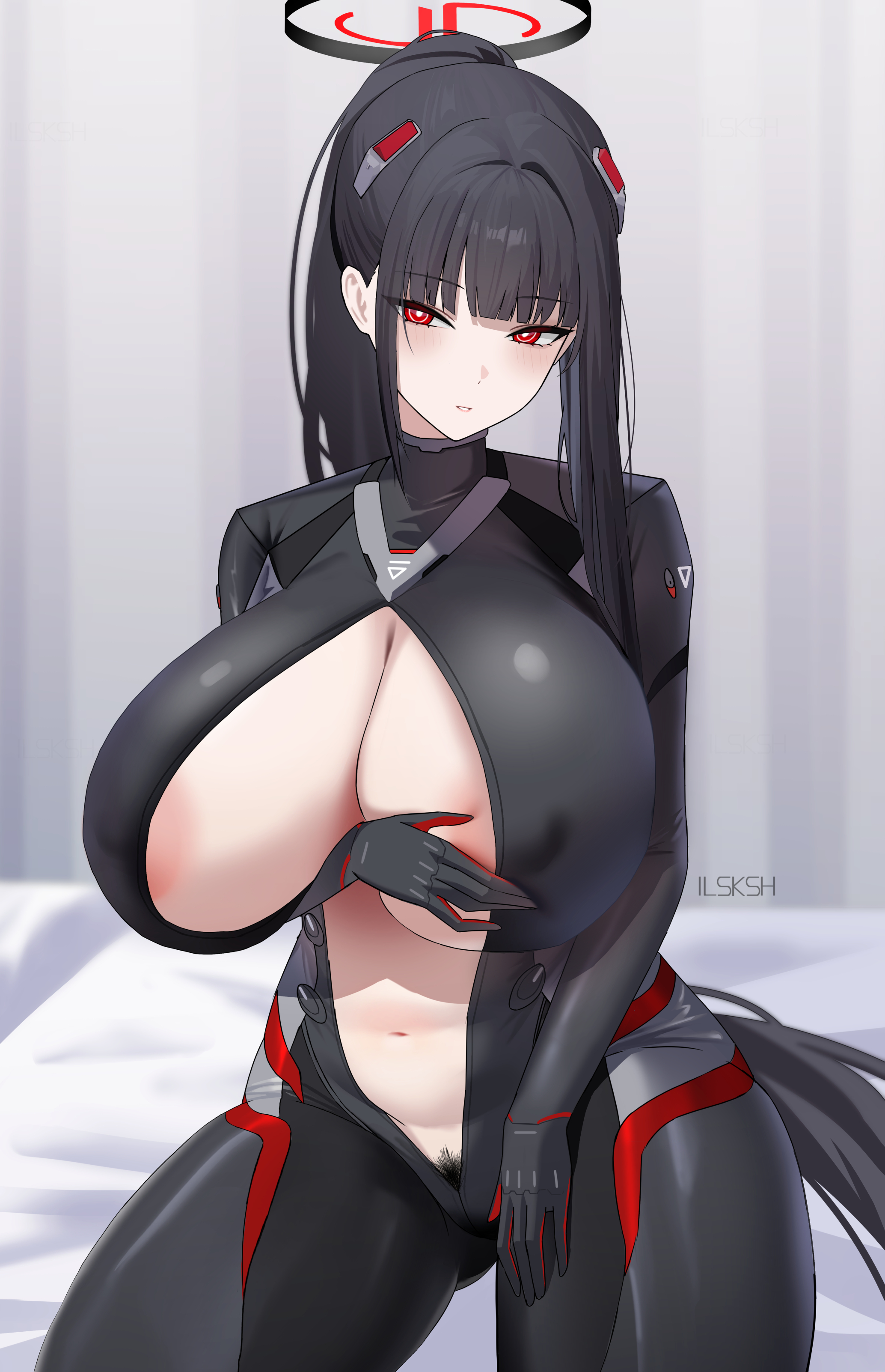 1girls, absurdres, areola slip, black bodysuit, black hair, blue archive, blush, bodysuit, breasts, cleavage, female pubic hair, hair ornament, halo, high ponytail, highres, huge breasts, ilsksh, large areolae, long hair, looking at viewer, navel, open clothes, ponytail, pubic hair, red eyes, rio (armed) (blue archive), rio (blue archive), sidelocks, solo, thighs