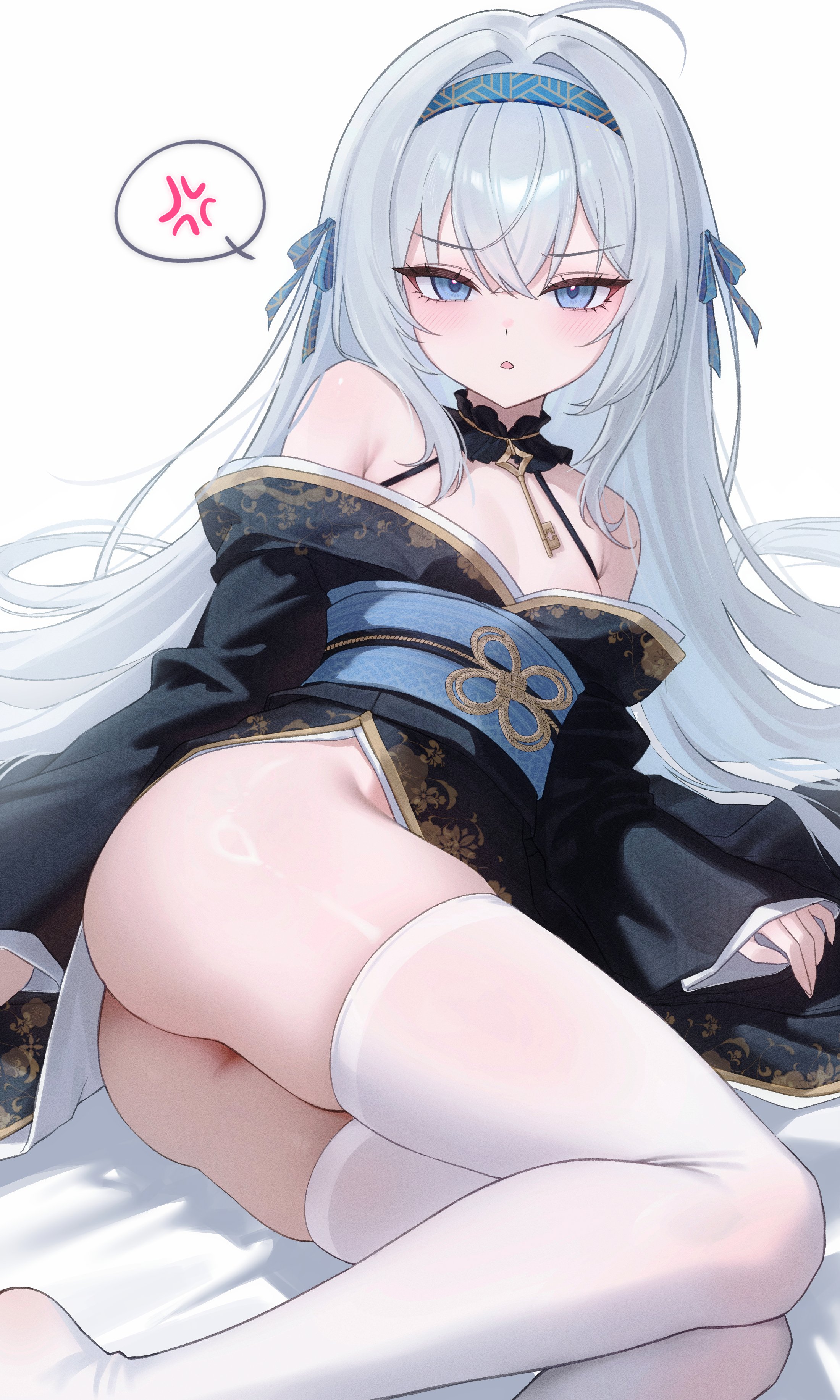 1girls, absurd res, ass, bare shoulders, blue eyes, blush, bottomless, clothed, dress, embarrassed, female, female focus, female only, female tyrant (stella sora), highres, kimono, legs, long hair, lying, mumu muw, no panties, open mouth, small breasts, solo, stella sora, thighhighs, thighs, tyrant (stella sora), white hair