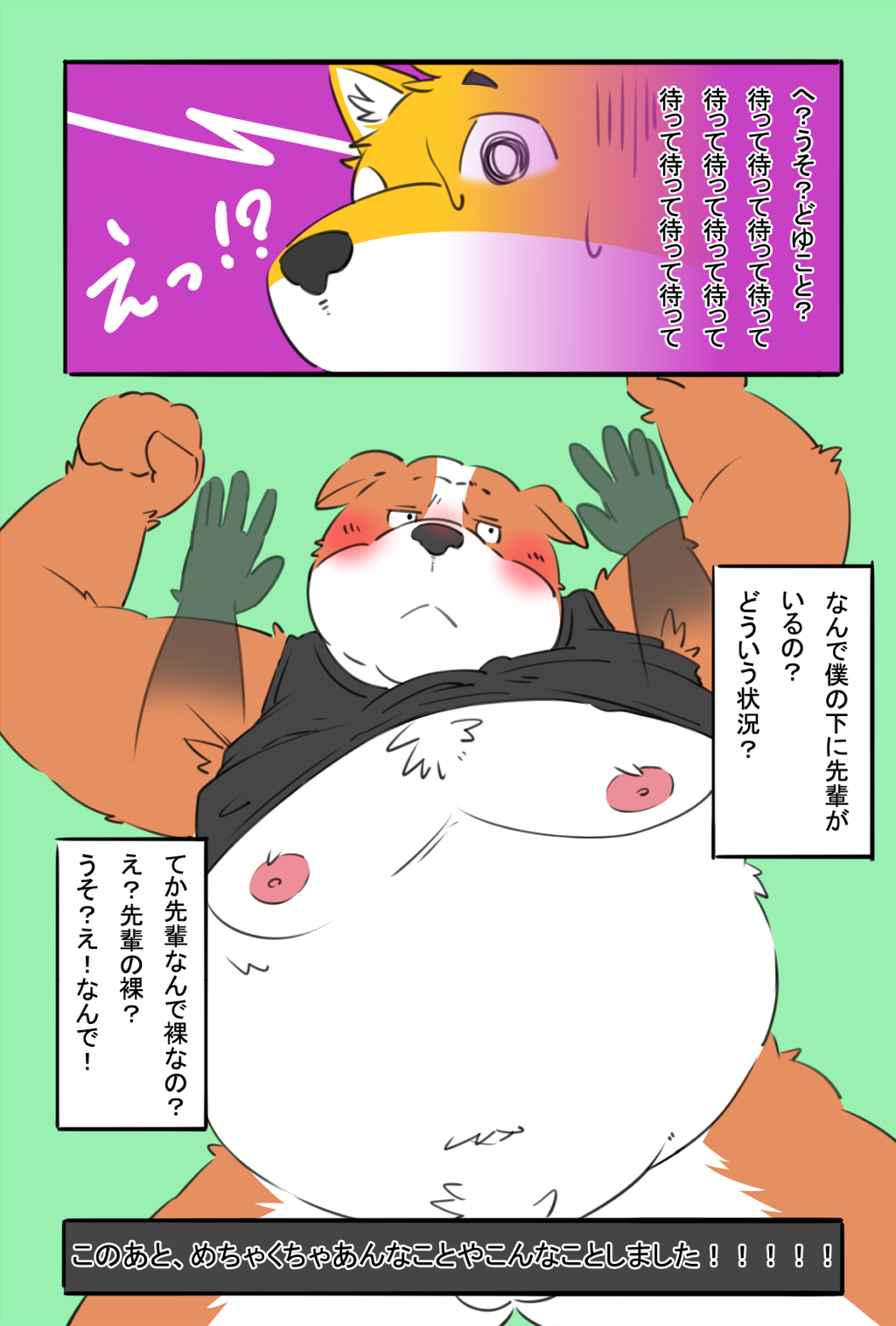 2020 anthro balls belly blush canid canine canis clothing domestic_dog duo fur genitals hi_res humanoid_hands japanese_text kemono male male_only mammal moobs navel nipples noko_illust overweight overweight_male shirt text topwear white_body white_fur