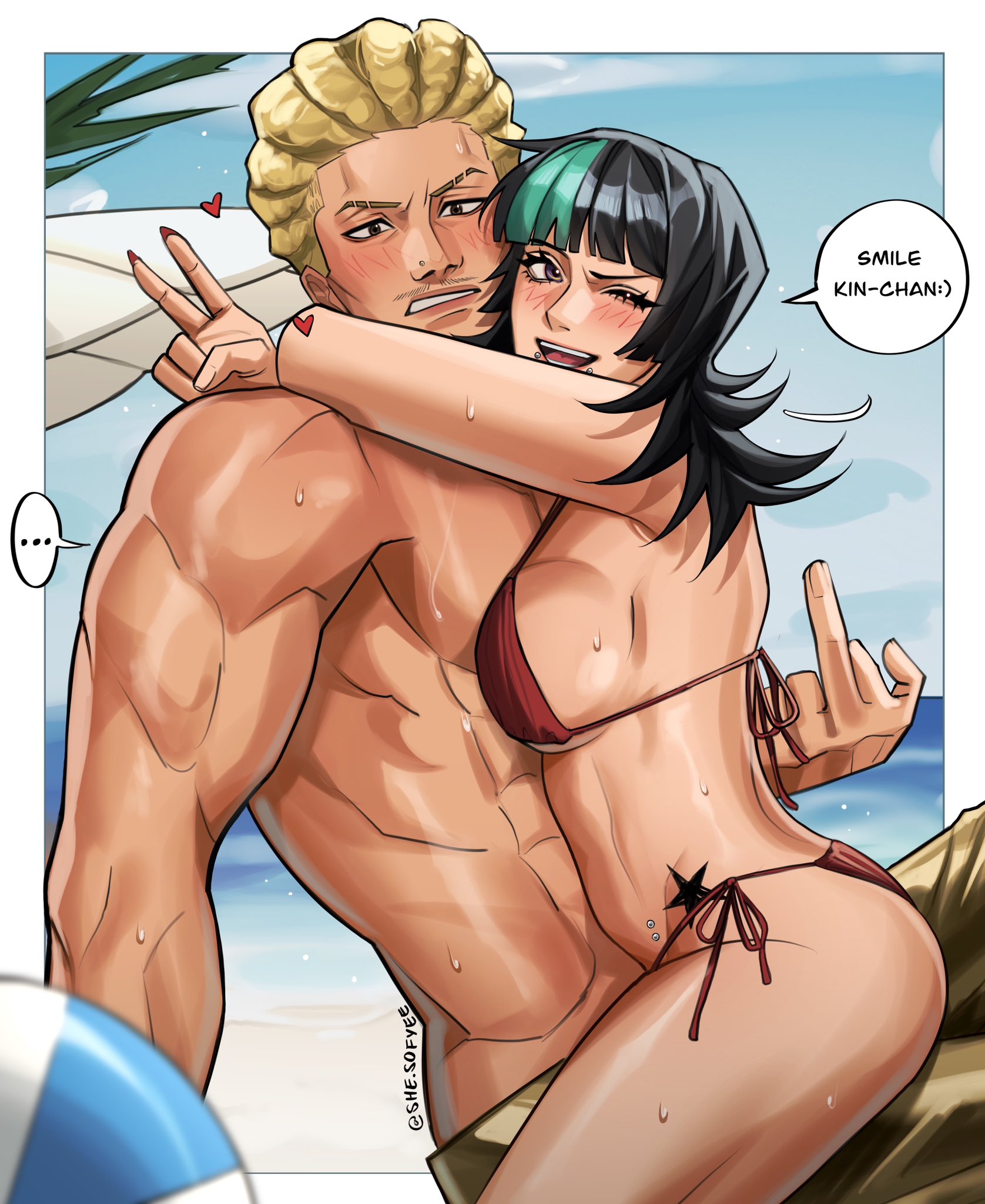1boy, 1boy1girl, 1girls, 2026, arms around neck, arms around partner, beach, big breasts, bikini, black hair, blonde hair, breasts, canon couple, couple, curvy, digital drawing (artwork), digital media (artwork), embrace, female, flipping off, hakari kinji, hoshi kirara, hug, hugging, jujutsu kaisen, male/female, middle finger, muscular, muscular male, posing, posing for picture, romantic, romantic couple, rule 63, shesofyee, shirtless, sideboob, sitting, sitting on lap, sitting on person