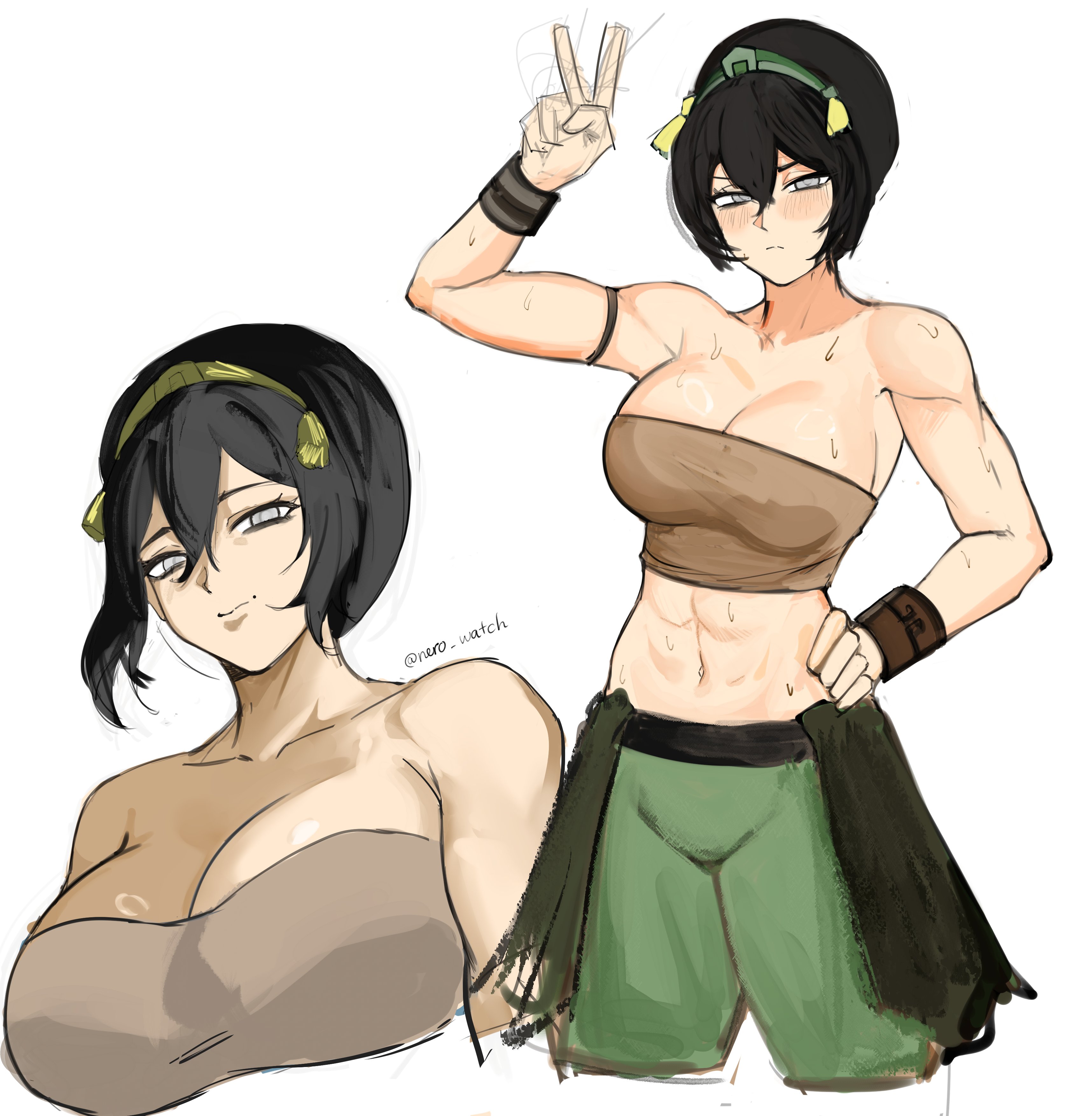 1girls, avatar legends, avatar the last airbender, breasts, female, female focus, female only, large breasts, light skin, light-skinned female, midriff, nero watch, solo, the legend of aang, thick thighs, thighs, toph bei fong, wide hips