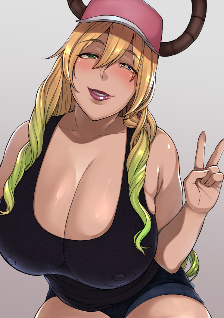 1girls, artist request, breasts, cleavage, clothed, female, heterochromia, huge breasts, looking at viewer, miss kobayashi's dragon maid, quetzalcoatl (dragon maid), smile, source request, thick thighs, v, wide hips