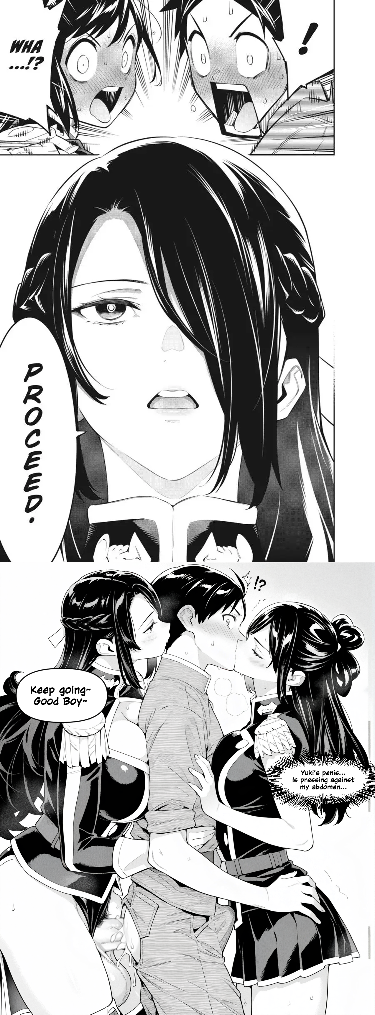 ?!, age difference, ai generated, anal, azuma fubuki, azuma himari, caught in the act, edit, edited art, erection under clothes, futa on male, futanari, good boy, hand on waist, heavy breathing, hug, huge ass, huge breasts, huge butt, huge cock, huge penis, kissing, kissing while penetrated, lawlbw191, manga style, mato seihei no slave, mother and daughter, pubic hair, sandwich position, sandwiched, size difference, text, threesome, wakura yuuki