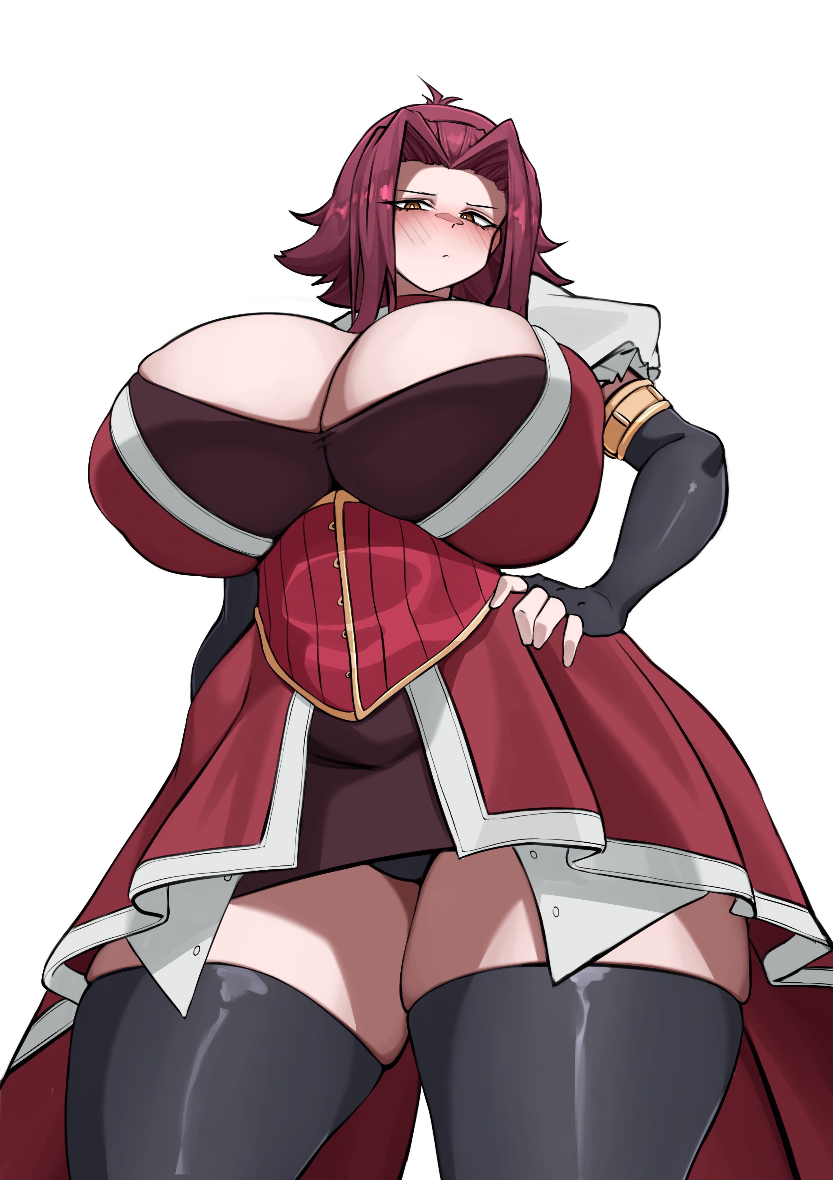 1girls, big breasts, black gloves, black legwear, black panties, blush, breasts, cleavage, dress, elbow gloves, fingerless gloves, gloves, hair intakes, hand on hip, hands on hips, huge breasts, izayoi aki, k dhen, looking at viewer, panties, red hair, solo, tagme, thighhighs, thighs, underwear, white background, yu-gi-oh!