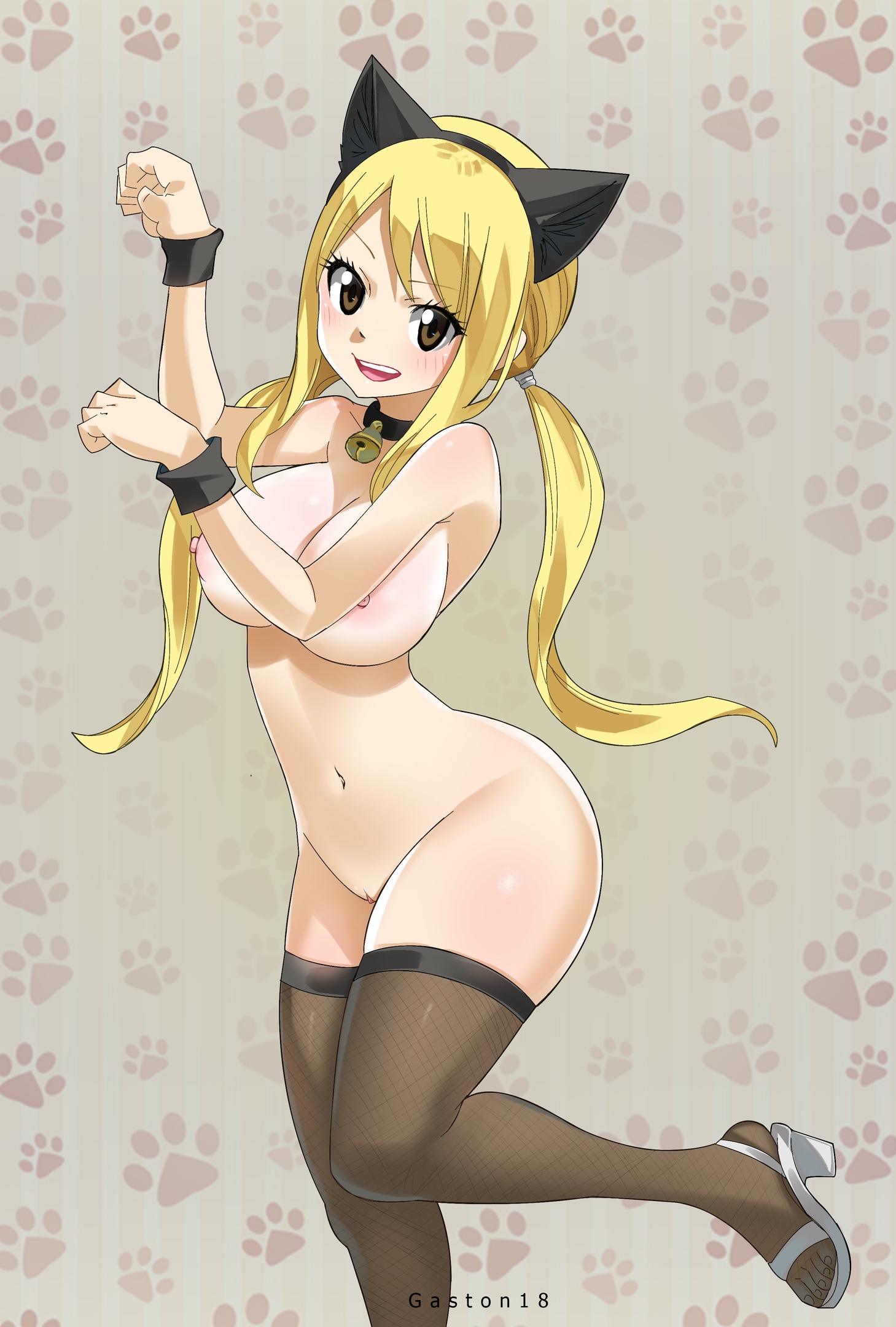 1girls, big breasts, blonde hair, blonde-haired female, breasts, brown eyes, cat ears, fairy tail, female, gaston18, linea alba, lucy heartfilia, pussy, smile, stockings