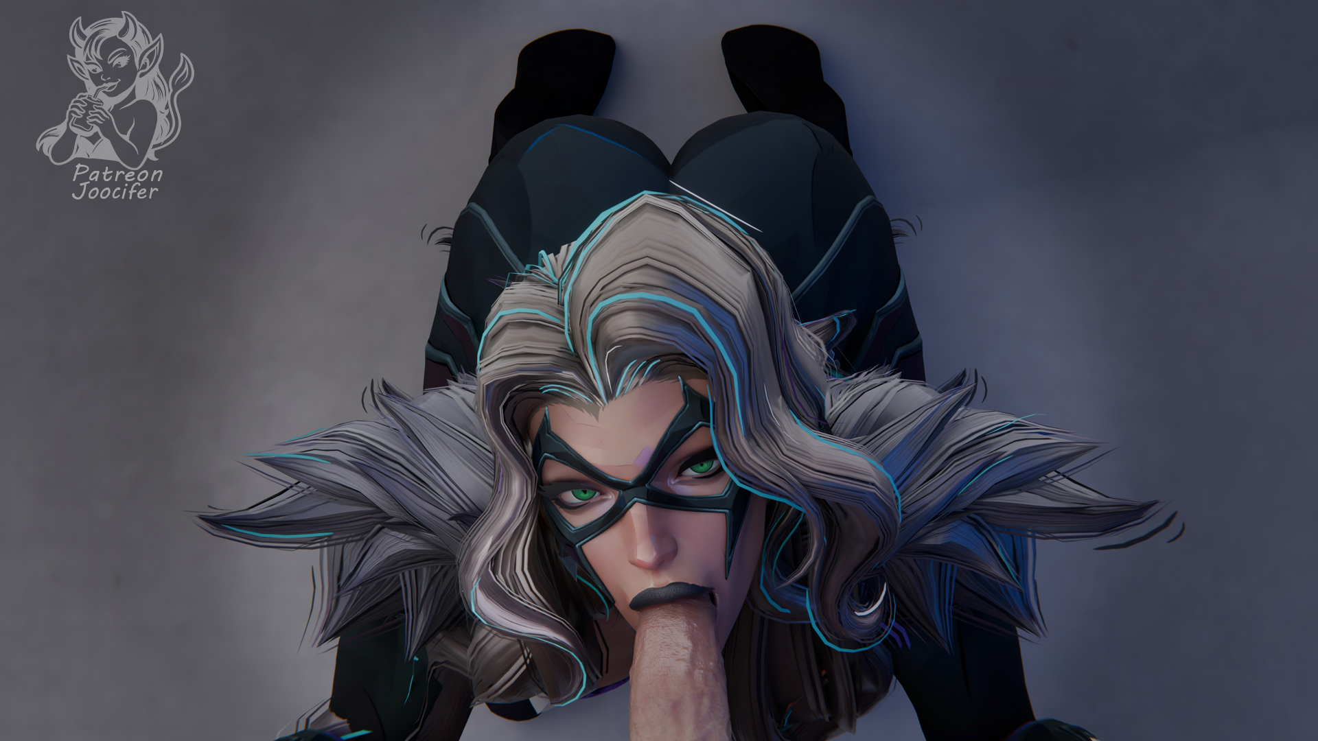 1boy, 1boy1girl, 1girl, 1girl1boy, 3d, 3d (artwork), black cat (marvel rivals), black cat (marvel), black lipstick, blender, blowjob, blowjob face, boots, felicia hardy, green eyes, joocifer, kneeling, lipstick, marvel, marvel comics, marvel rivals, mask, spider-man (series), white hair