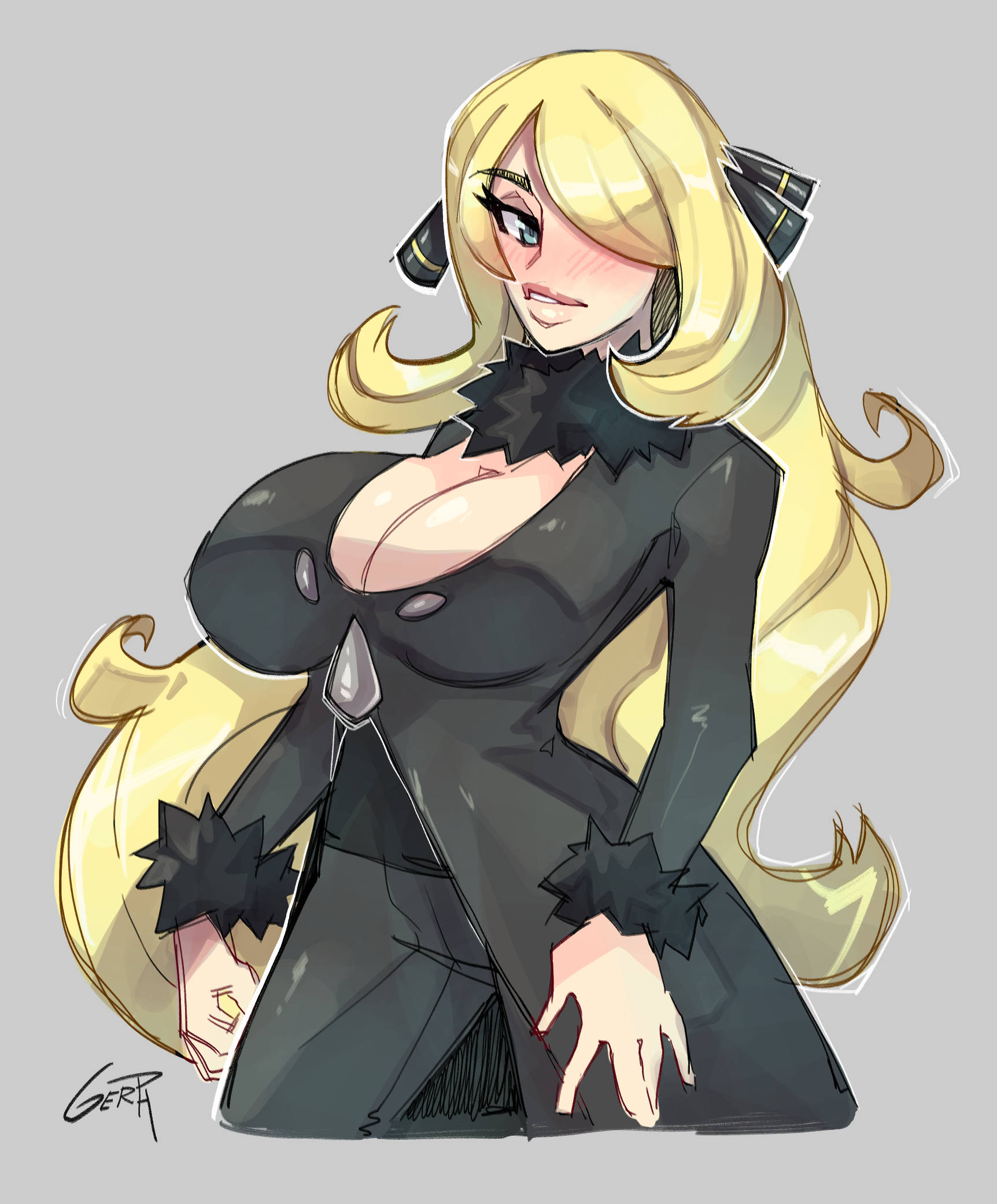 1girls, alternate breast size, blonde hair, blush, breasts, cleavage, cynthia (pokemon), female, female only, gerph, hair over one eye, half-closed eyes, human only, large breasts, looking at viewer, nintendo, pokemon, pokemon dppt, sketch, solo, text, thigh gap, watermark, wide hips