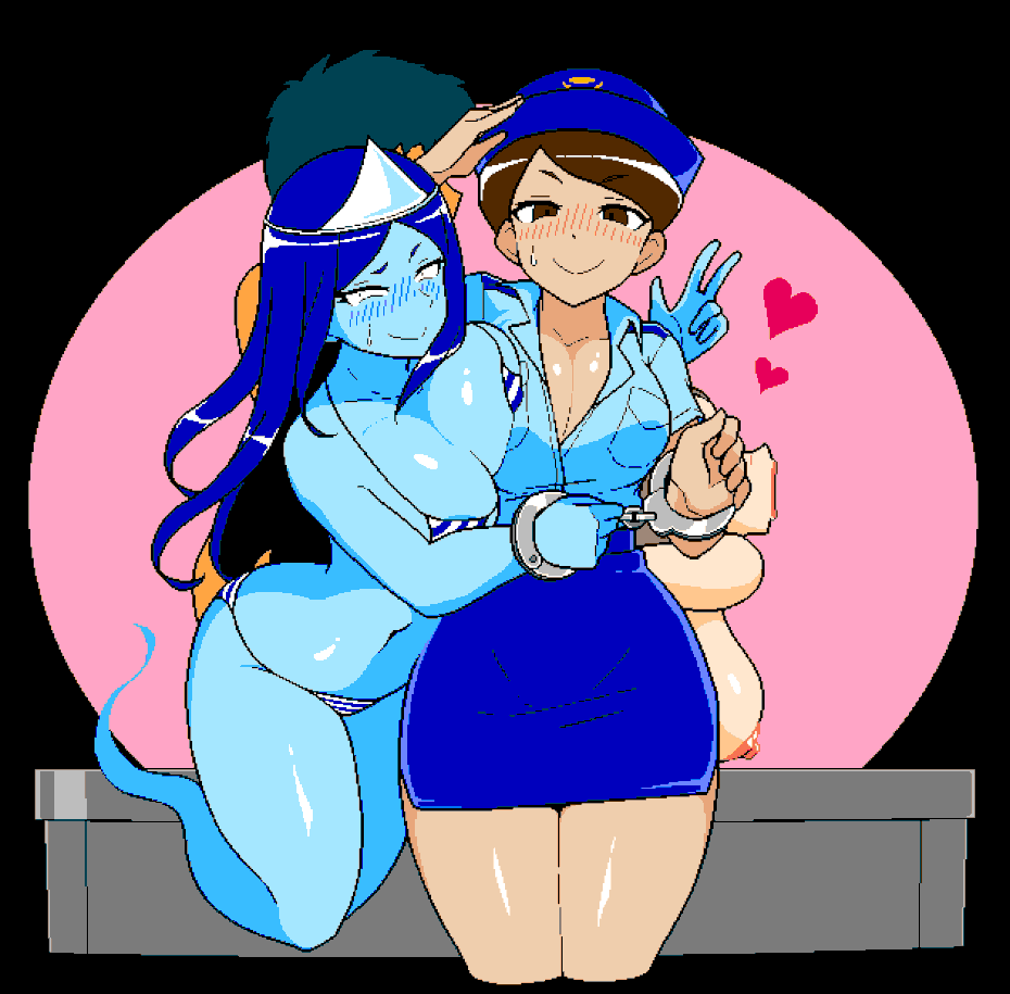 1boy, 2d, 3girls, animated, areolae, areolae slip, big breasts, bikini, blue body, blue skin, blush, breasts, brown eyes, brown hair, cleavage, clothed, doggy style, fukei (jermaneels), ghost, ghost (jermaneels), ghost girl, ghost tail, handcuffed, handcuffs, headpiece, hearts, hearts around head, huge breasts, implied penetration, implied sex, jermaneels, lady tsubone (jermaneels), large breasts, long hair, loop, looping animation, micro bikini, nipples, open mouth, peace sign, pencil skirt, pixel animation, pixel art, police, police hat, police uniform, policewoman, sex, skirt, smile, string bikini, strip rock-paper-scissors - ghost edition, strip rock-paper-scissors - police edition, strip rock-paper-scissors - tsubone edition, striped bikini, thick thighs, thighs, triangular headpiece, uniform, yellow eyes