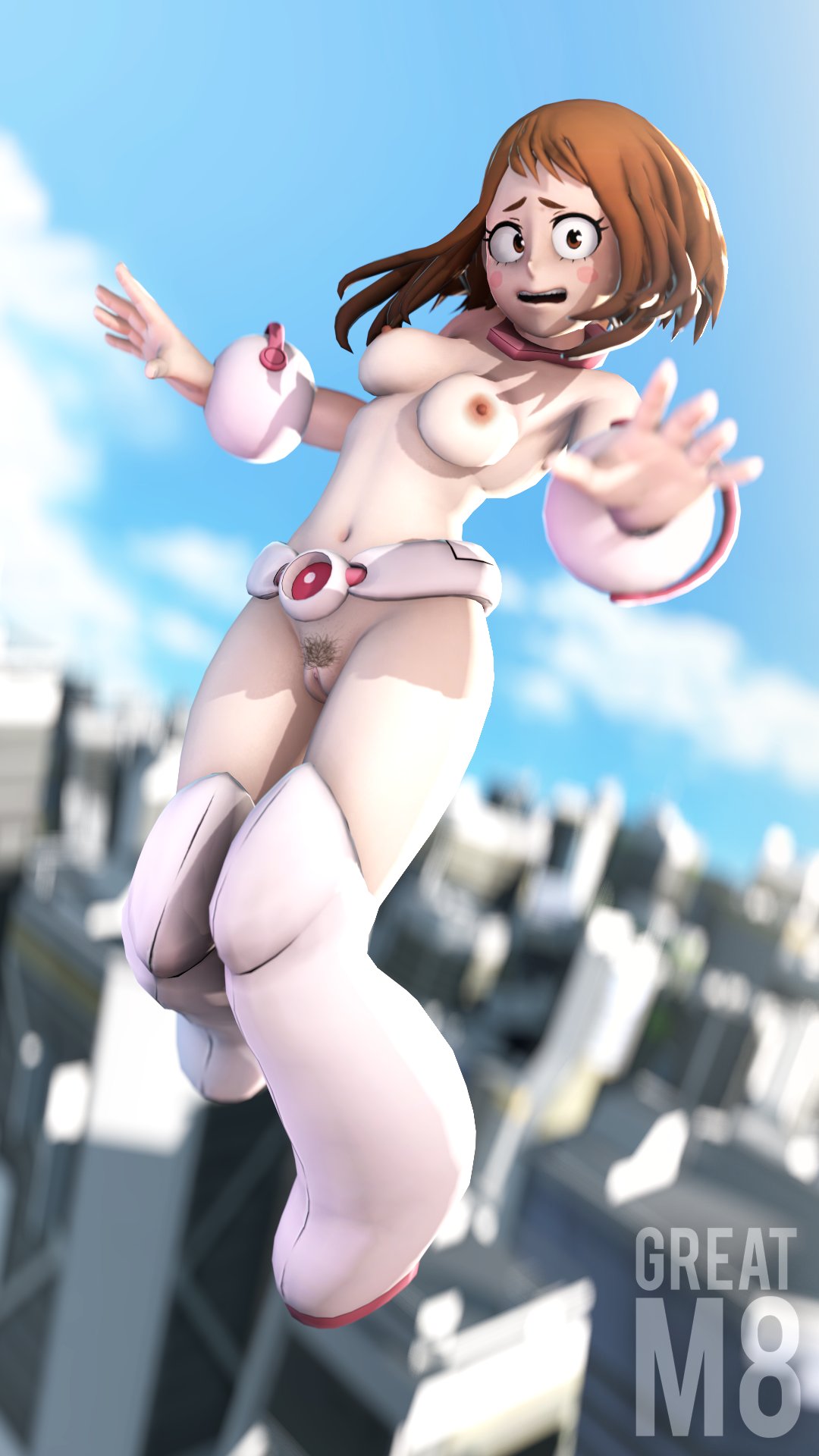 1girls, 3d, areolae, belt, boots, bottomless, bracers, breasts, brown hair, brown-haired female, collar, female, female only, functionally nude, greatm8, light skin, light-skinned female, looking at viewer, my hero academia, nipples, ochako uraraka, pubic hair, pussy, solo, topless
