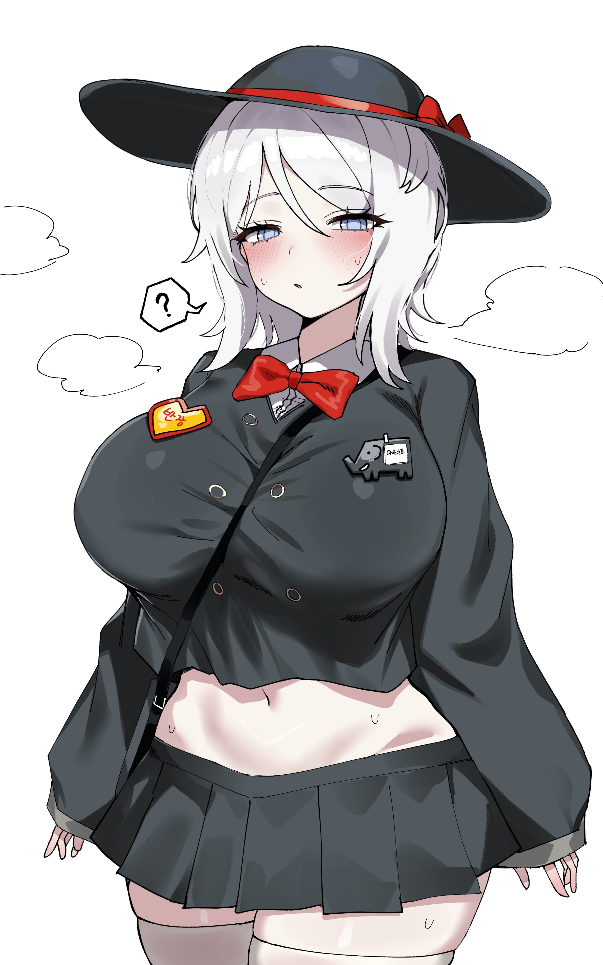 1girls, blue eyes, breasts, faust (limbus company), female, hahyaha, kindergarten uniform, large breasts, limbus company, limbus kindergarten uniform, project moon, school hat, school uniform, skirt, solo, thighhighs, white hair