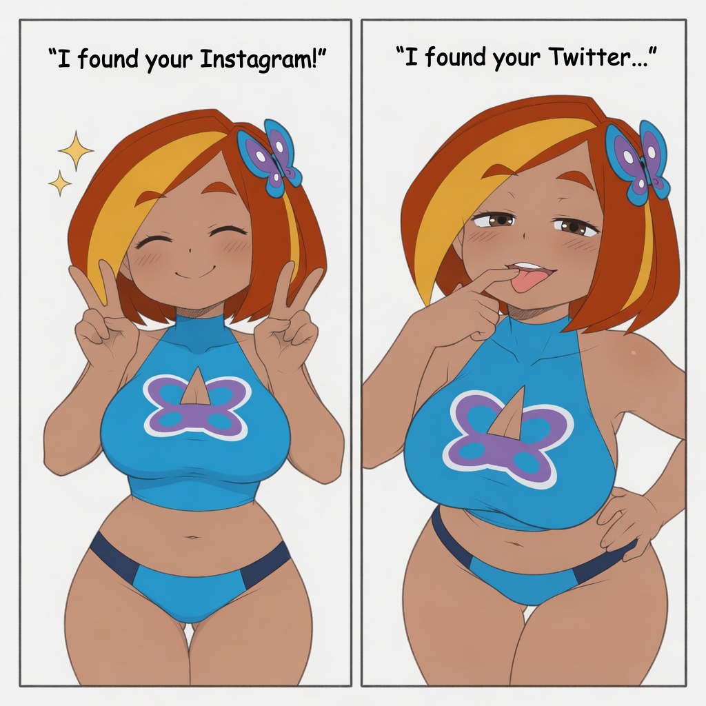 1girls ai_generated big_breasts blue_panties busty butterfly_(planetronika) cleavage cleavage_cutout double_v godilovebutts half-closed_eyes hand_on_hip large_breasts looking_at_viewer meme midriff naughty_face open_mouth panties planetronika pose posing shirt smile solo solo_female tagme text tongue tongue_out v voluptuous