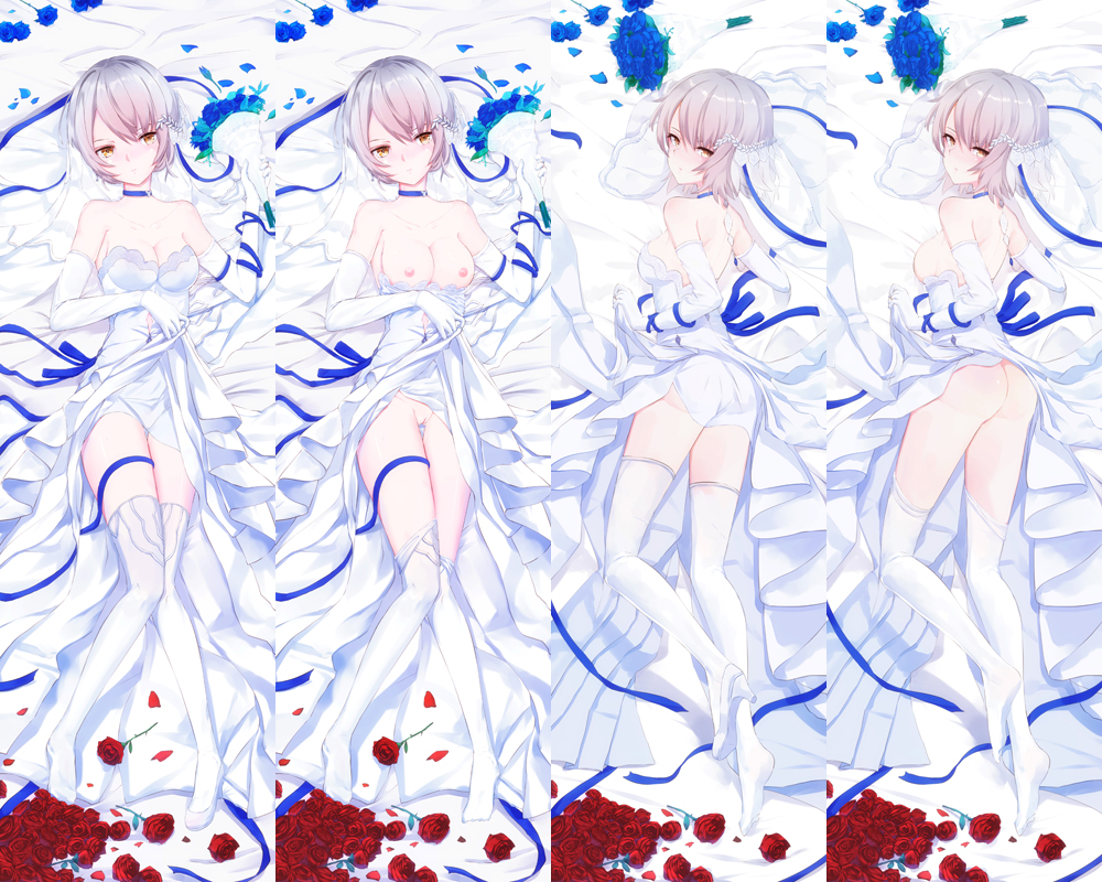 areolae ass breasts bride dakimakura dress_lift girls'_frontline gray_hair nipples no_panties nude_bride pussy shaved_pussy short_hair vector_(girls_frontline) wedding_dress