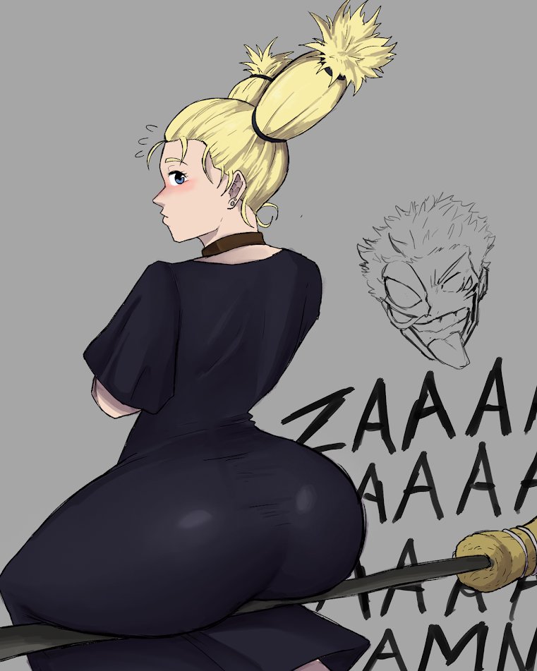 1girls, ass, big ass, black dress, blonde hair, blue eyes, blush, broom, choker, dress, earrings, flying sweatdrops, from behind, grey background, jewelry, jujutsu kaisen, looking at viewer, looking back, nishimiya momo, vennex