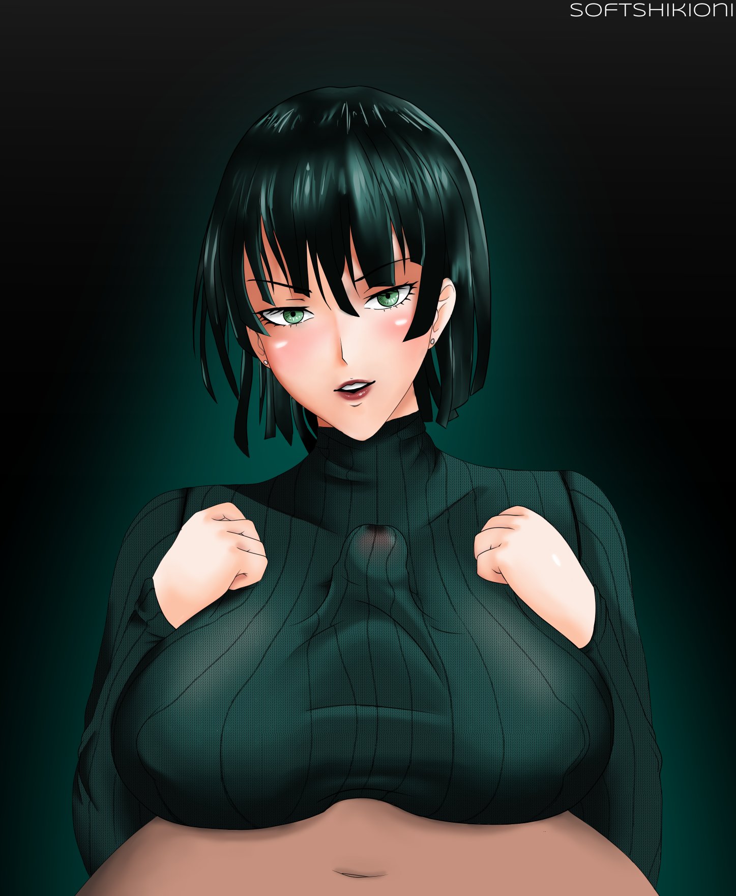 big breasts, black hair, blush, breasts, clothed, earrings, female, fubuki (one-punch man), green eyes, hands on own chest, light skin, light-skinned male, male, nipples, nipples visible through clothing, one-punch man, paizuri, paizuri under clothes, seductive smile, short hair, smile, softshikioni, straight, sweater