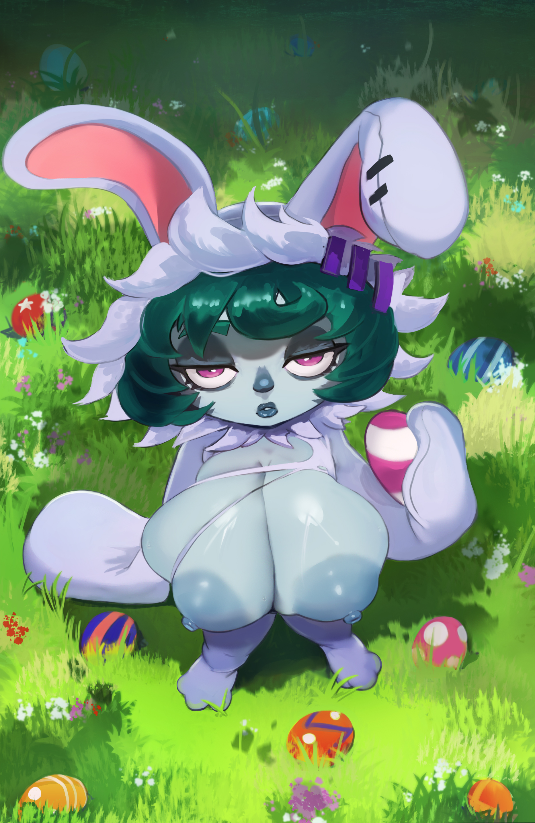 1girls, 2026, annoyed expression, bunny ears, bunny girl, bunnysuit, cranihum, easter, female, green hair, high-angle view, lagomorph, large breasts, league of legends, rabbit ears, rabbit girl, riot games, shortstack, vex (league of legends), yordle
