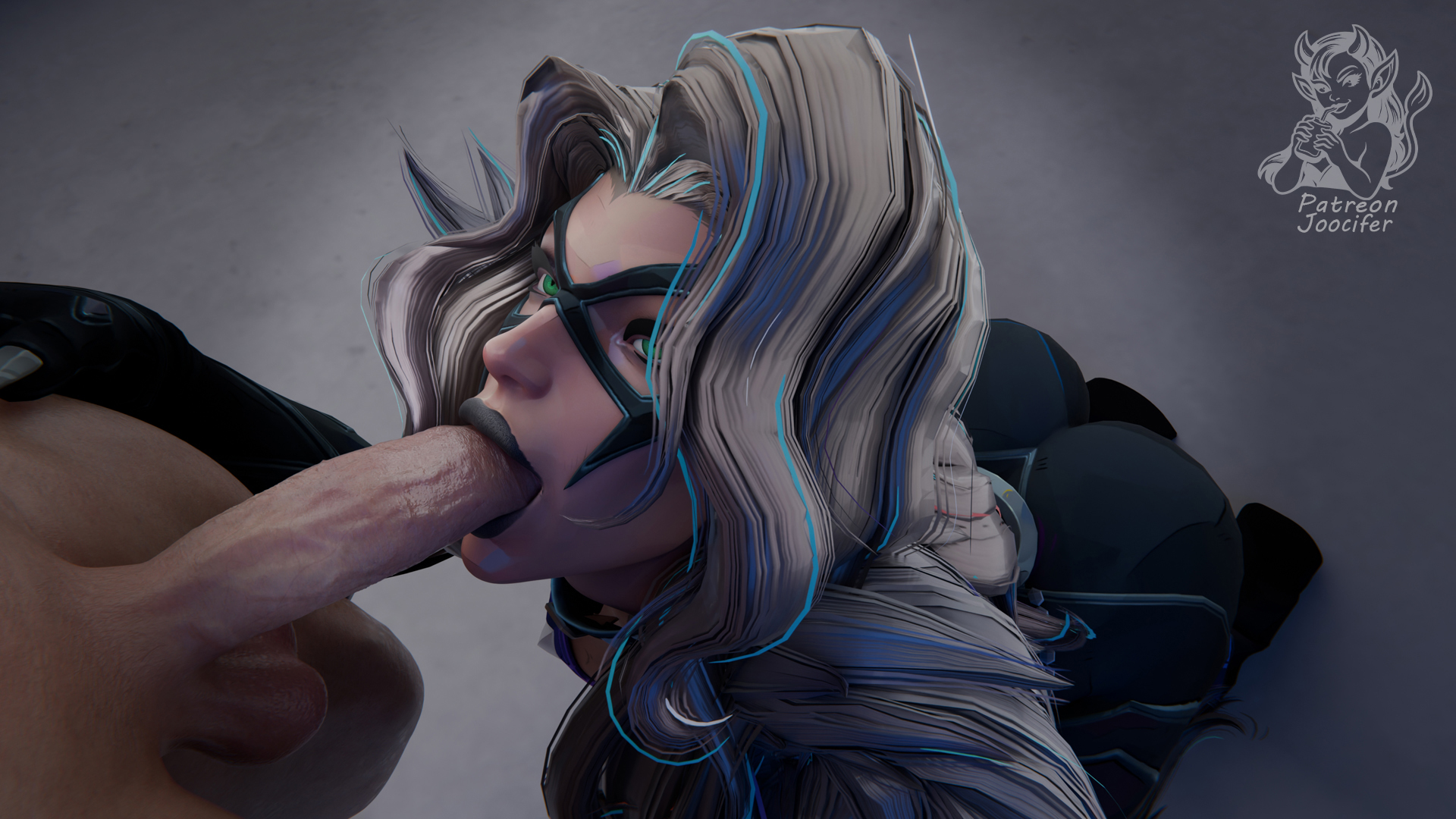 1boy, 1boy1girl, 1girl, 1girl1boy, 3d, 3d (artwork), black cat (marvel rivals), black cat (marvel), black lipstick, blender, blowjob, blowjob face, felicia hardy, green eyes, joocifer, kneeling, lipstick, marvel, marvel comics, marvel rivals, mask, spider-man (series), white hair