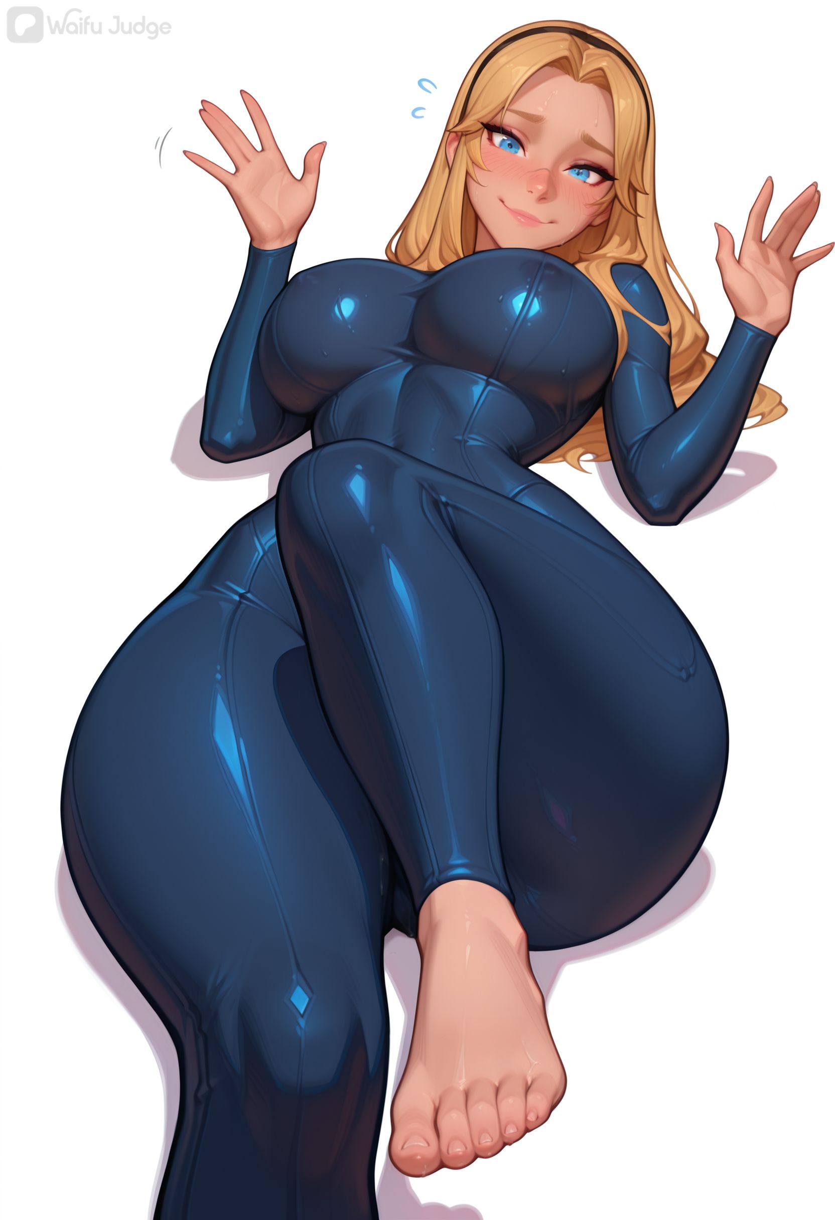 1girl, ai assisted, ai generated, bangs, barefoot, blonde hair, blue bodysuit, blue eyes, blush, bodysuit, breasts, covered navel, covered nipples, feet, full body, impossible clothes, large breasts, league of legends, long hair, looking at viewer, luxanna crownguard, lying, original, parted bangs, perfect body, perfect boobs, perfect legs, seductive, shiny, shiny clothes, simple background, skin tight, smile, soles, solo, thick thighs, thighs, toes, waifu judge, waving, waving at viewer, white background, young, younger female