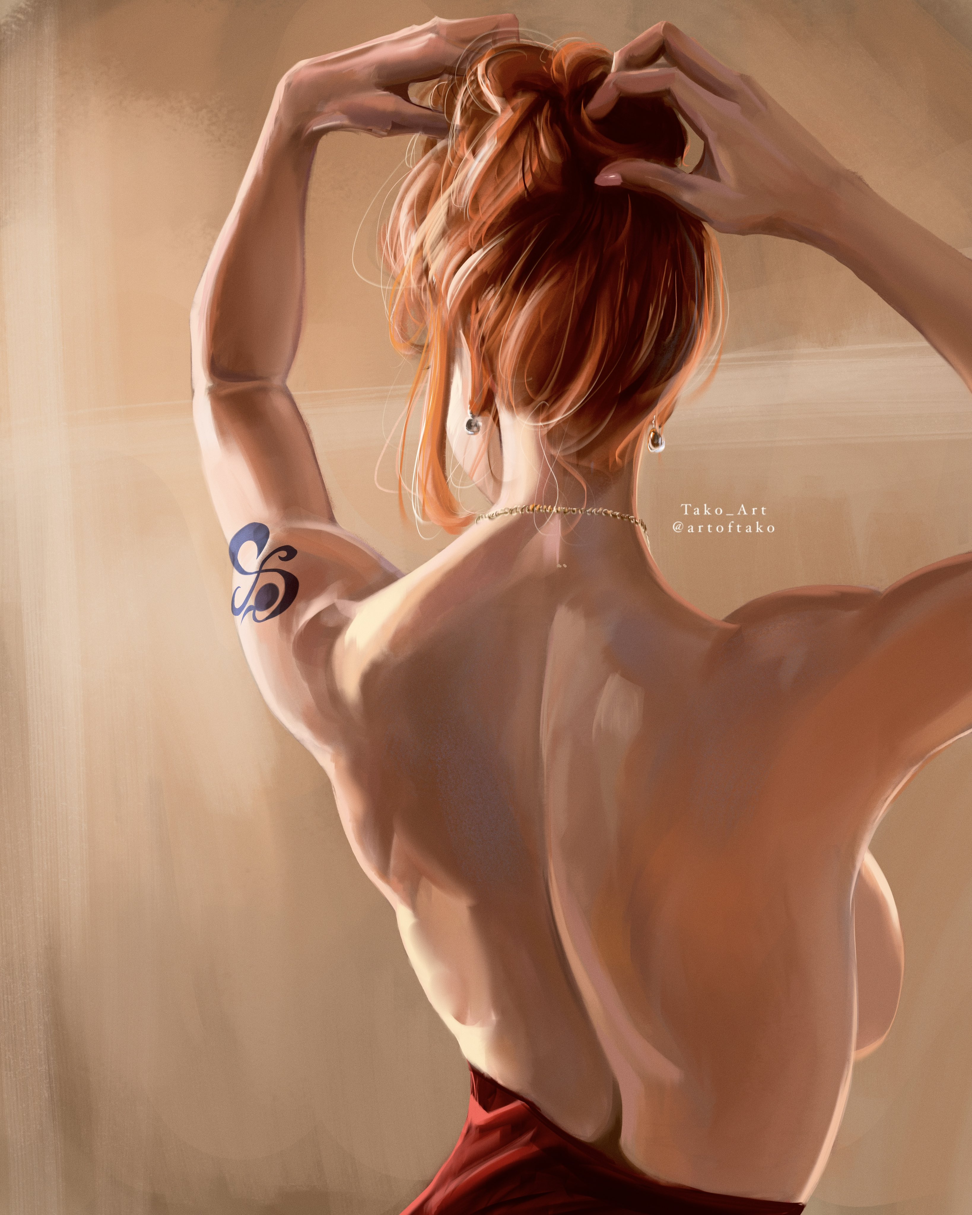 1girls, arms up, back view, backboob, big breasts, breasts, dress, dress pull, earrings, exposed breasts, female, female only, hair up, jewelry, nami (one piece), necklace, one piece, orange hair, sensual, shoulder tattoo, solo, tako art, tasteful nudity, tattoo, tying hair