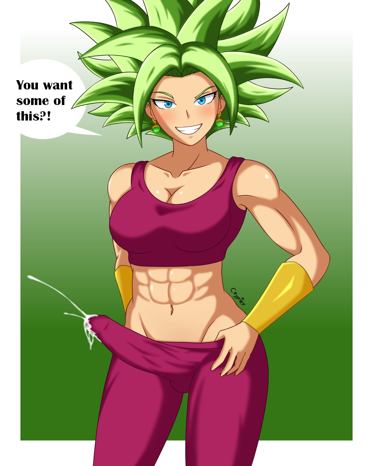 1futa, breasts, cryptex, dickgirl, dragon ball, dragon ball super, earrings, fusion, futanari, green eyes, green hair, intersex, kefla, legendary super saiyan, light skin, light-skinned futa, looking at viewer, potara earrings, saiyan, short hair, smile, solo, spiky hair, super saiyan, super saiyan 2