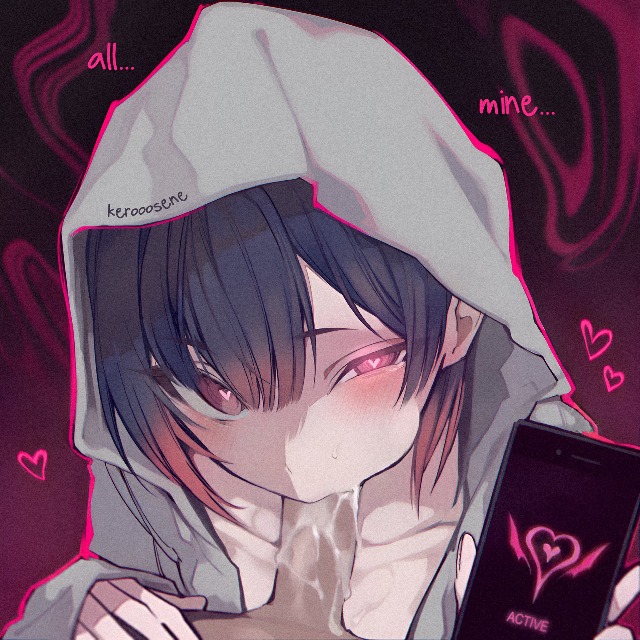 1boy, 1girls, black hair, blowjob, blush, character request, copyright request, cum, cum in mouth, english text, fellatio, female, heart-shaped pupils, hoodie, kerooosene, male, multicolored hair, oral, oral penetration, oral sex, penis, pink eyes, pink hair, straight, sucking penis
