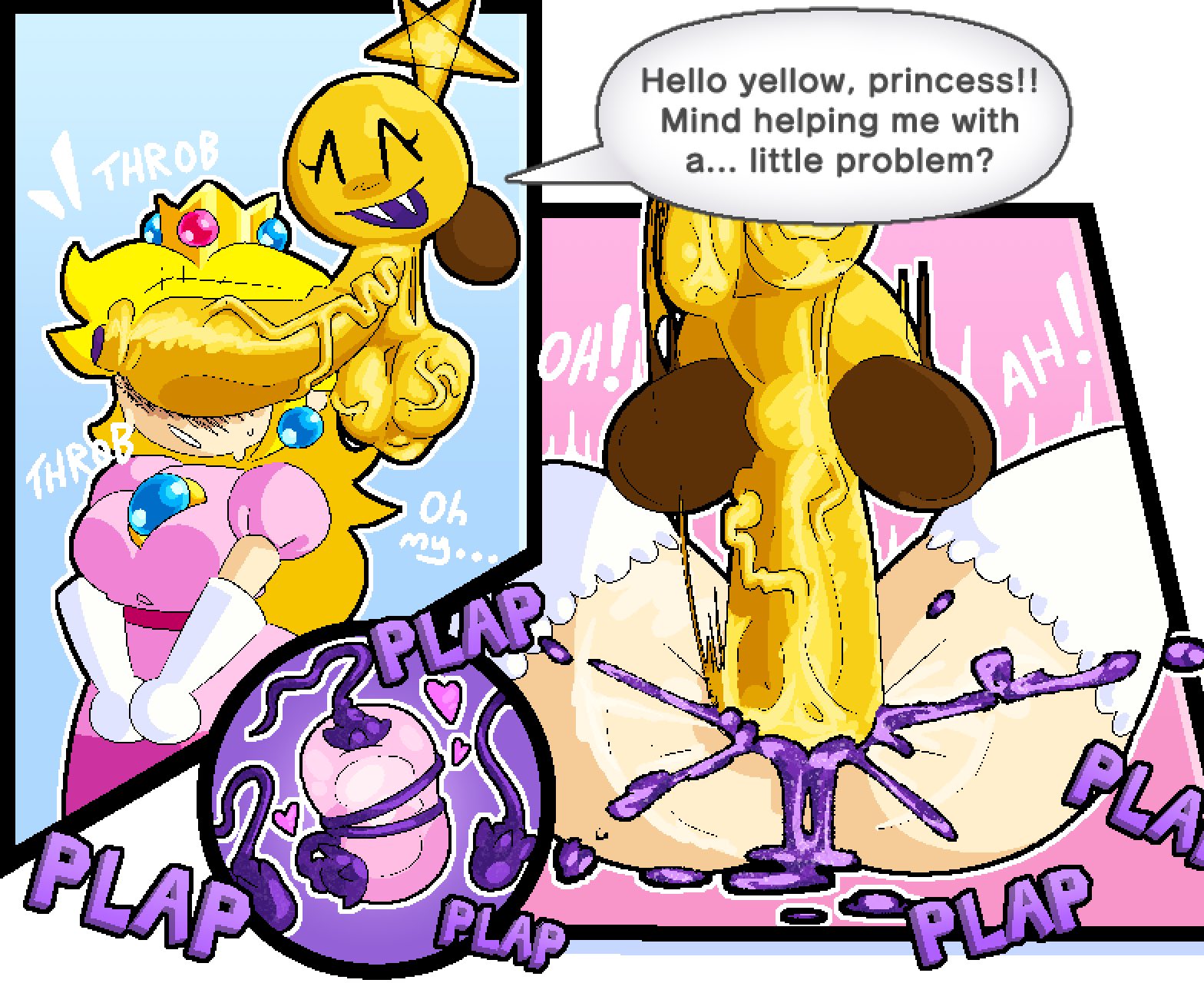 1futa, 1girls, backsack, balls, blonde hair, breakcoreyuri, female, futa on female, futanari, huge balls, huge cock, impregnation, mario (series), mario and luigi (series), mating press, nintendo, on back, orb, paper mario, paper peach, princess peach, small but hung, sphere creature, spread legs, starlow, super mario bros., vaginal penetration, yellow skin