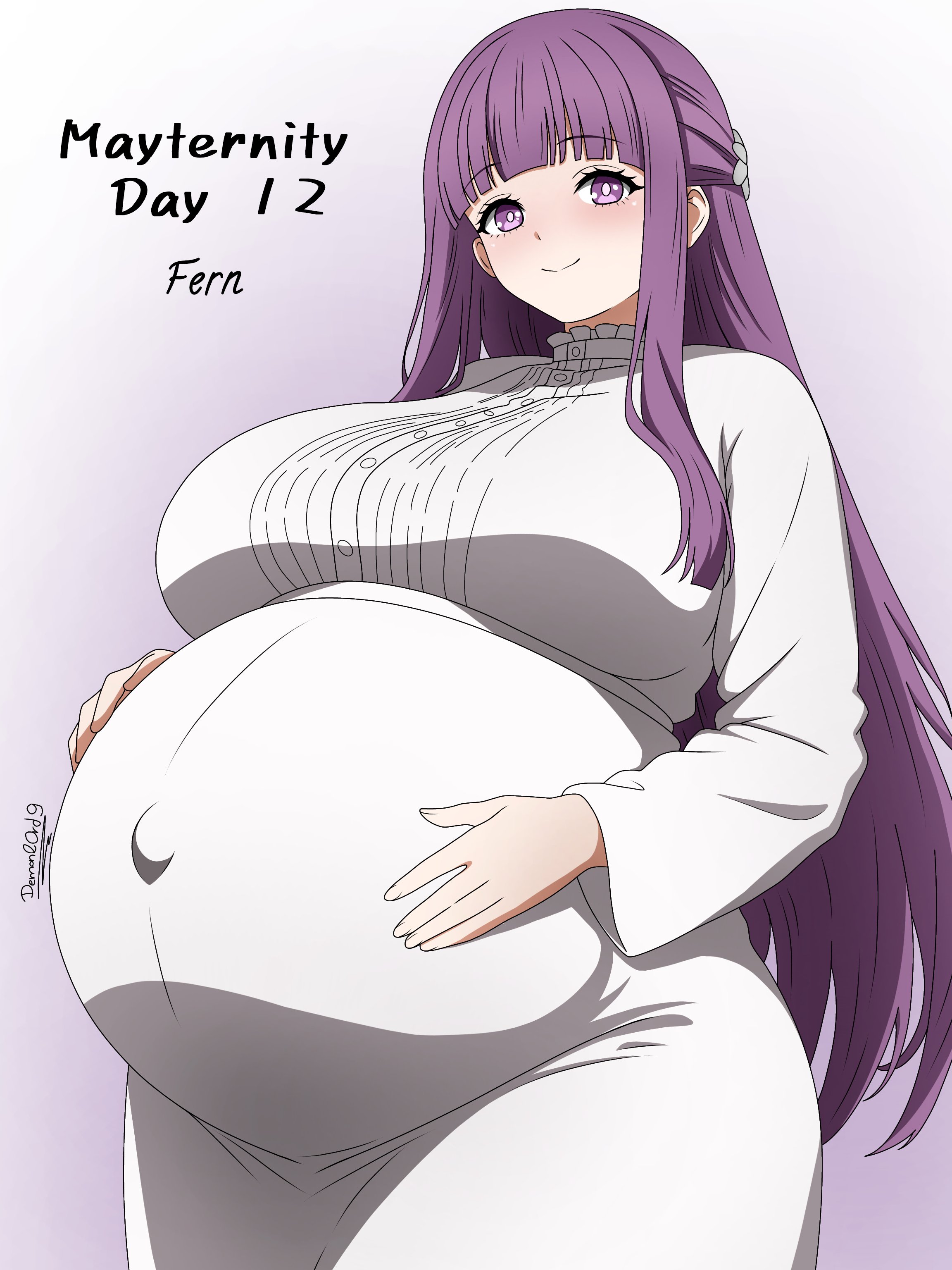 big belly, big breasts, blush, demonl0rd9, fern (sousou no frieren), hands on belly, hyper belly, hyper pregnancy, large breasts, looking at viewer, popped navel, pregnant, pregnant belly, pregnant female, purple eyes, purple hair, sousou no frieren, white dress, white skin