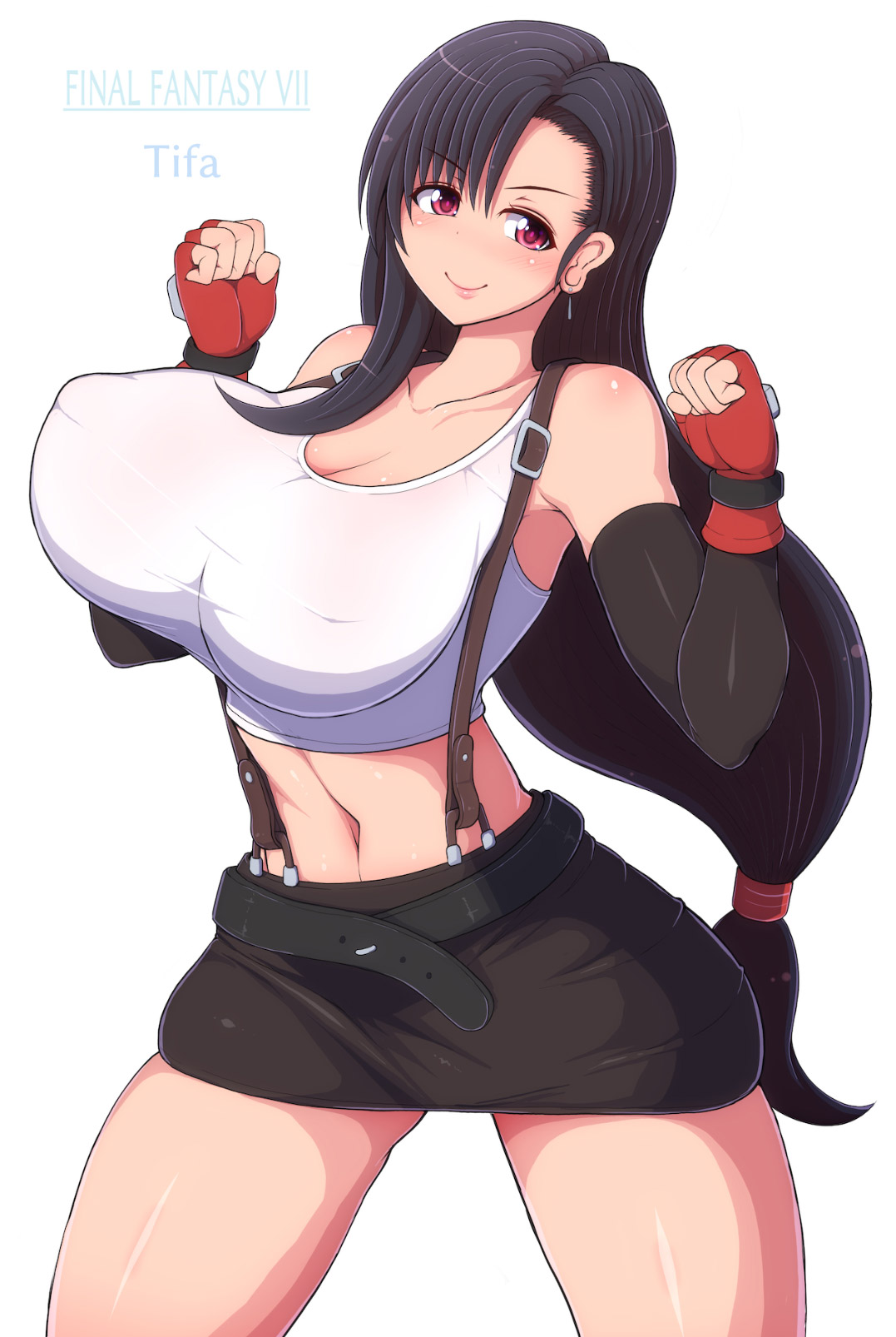 big breasts, black hair, breasts, earring, female, female only, final fantasy, final fantasy vii, fingerless gloves, hourglass figure, long hair, nipples, nipples visible through clothing, ponpo, ponytail, red eyes, skirt, smile, solo, solo female, solo focus, tank top, thick thighs, tifa lockhart