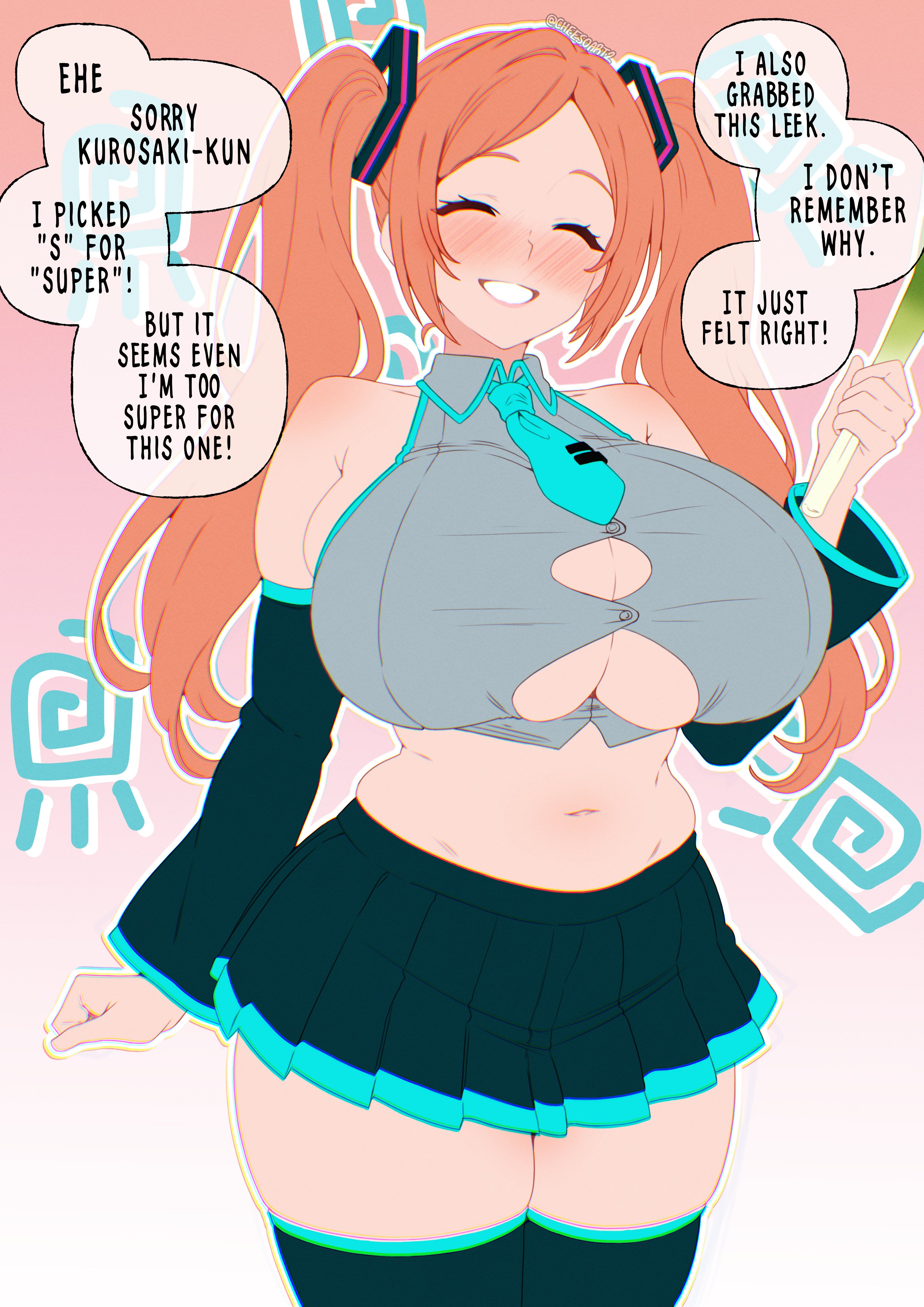 1girls, bleach, blush, cheeso art, closed eyes, cosplay, curvy, dialogue, english text, female, female only, happy, hatsune miku, hatsune miku (cosplay), holding food, huge breasts, inoue orihime, leek, light skin, light-skinned female, smile, text, thick thighs, undersized clothes, vocaloid, wide hips