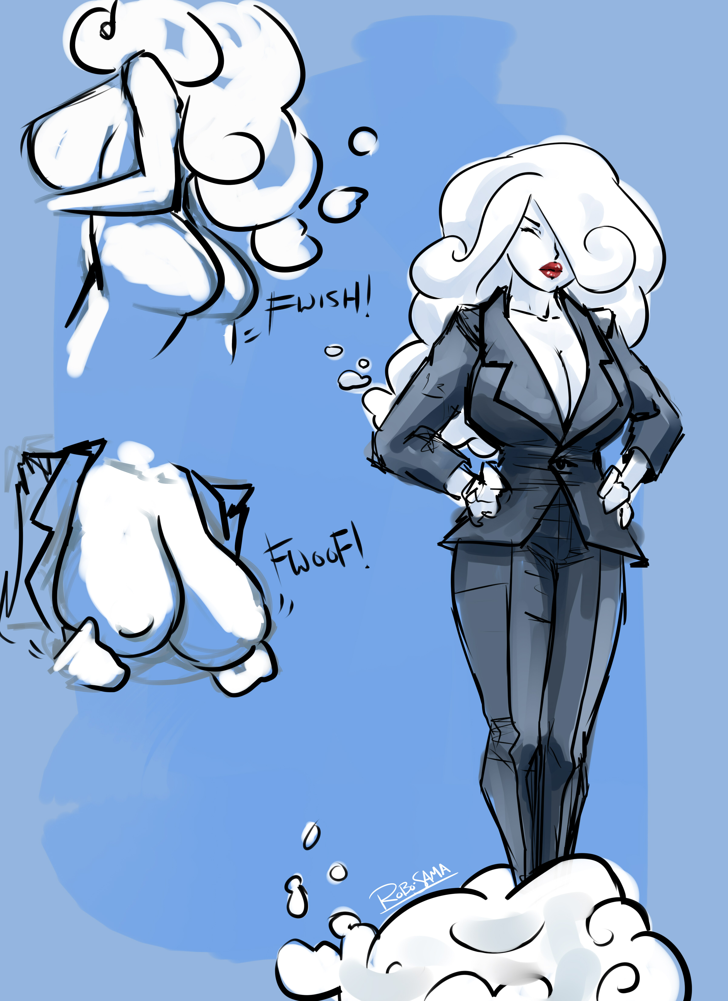 1girls, air creature, air humanoid, ass, big breasts, breasts, business suit, cartoon network, cloud, cloud creature, cloud humanoid, female, flashing, milf, red lipstick, robo-sama, the amazing world of gumball, white body, white hair, white skin, yuki yoshida