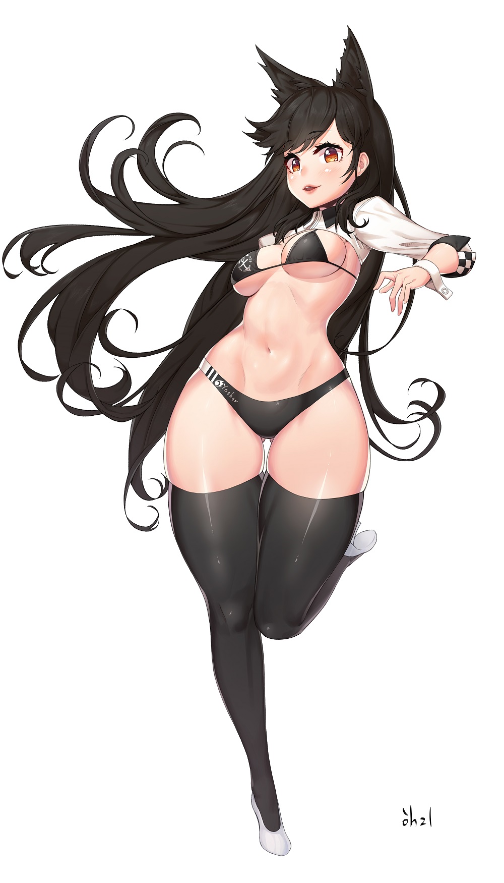 amber_eyes animal_ears ass_visible_through_thighs atago_(azur_lane) azur_lane bikini_bottom bikini_top curvy dark_hair harry_(dudwofla) long_hair looking_at_viewer stomach thick_thighs thighhighs wide_hips