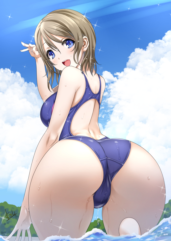 :d ass back bangs bare_shoulders blue_eyes blue_swimsuit blush breasts brown_hair cloud competition_swimsuit eyebrows_visible_through_hair female from_behind large_breasts looking_at_viewer looking_back love_live! love_live!_sunshine!! medium_hair mitarashi_kousei one-piece_swimsuit open_mouth partially_submerged shiny shiny_hair signature sky smile solo sparkle swept_bangs swimsuit wading watanabe_you water wet