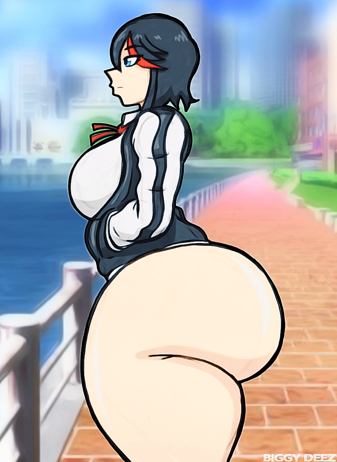 1girls, ass, big ass, big breasts, biggy deez, black hair, bottom heavy, bottomless, breasts, bubble ass, bubble butt, fat ass, female, female only, huge ass, jacket, kill la kill, large ass, light skin, light-skinned female, massive ass, matoi ryuuko, no panties, outside, side view, solo, standing, thick ass, thick thighs, thunder thighs