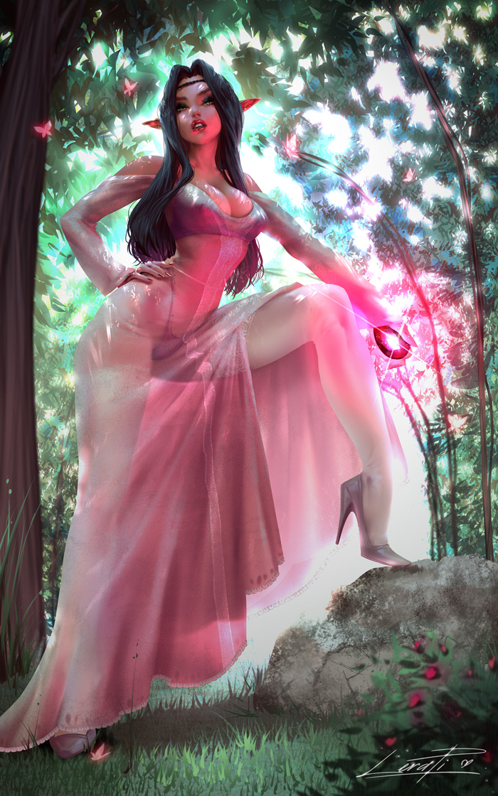 <3 1girls artist_name artist_signature big_breasts black_hair breasts butterfly cleavage clothed clothed_female dress elf elf_ears female female_only forest g-string hand_on_hip heart heels high_heels jewel leg_up lens_flare lerapi long_hair looking_at_viewer looking_down looking_down_at_viewer nature nature_background nipple_bulge original panties panties_visible_through_clothing pink_clothing pinup pointy_ears posing presenting_legs red_nails solo spread_legs stiletto_heels transparent_clothing very_high_heels