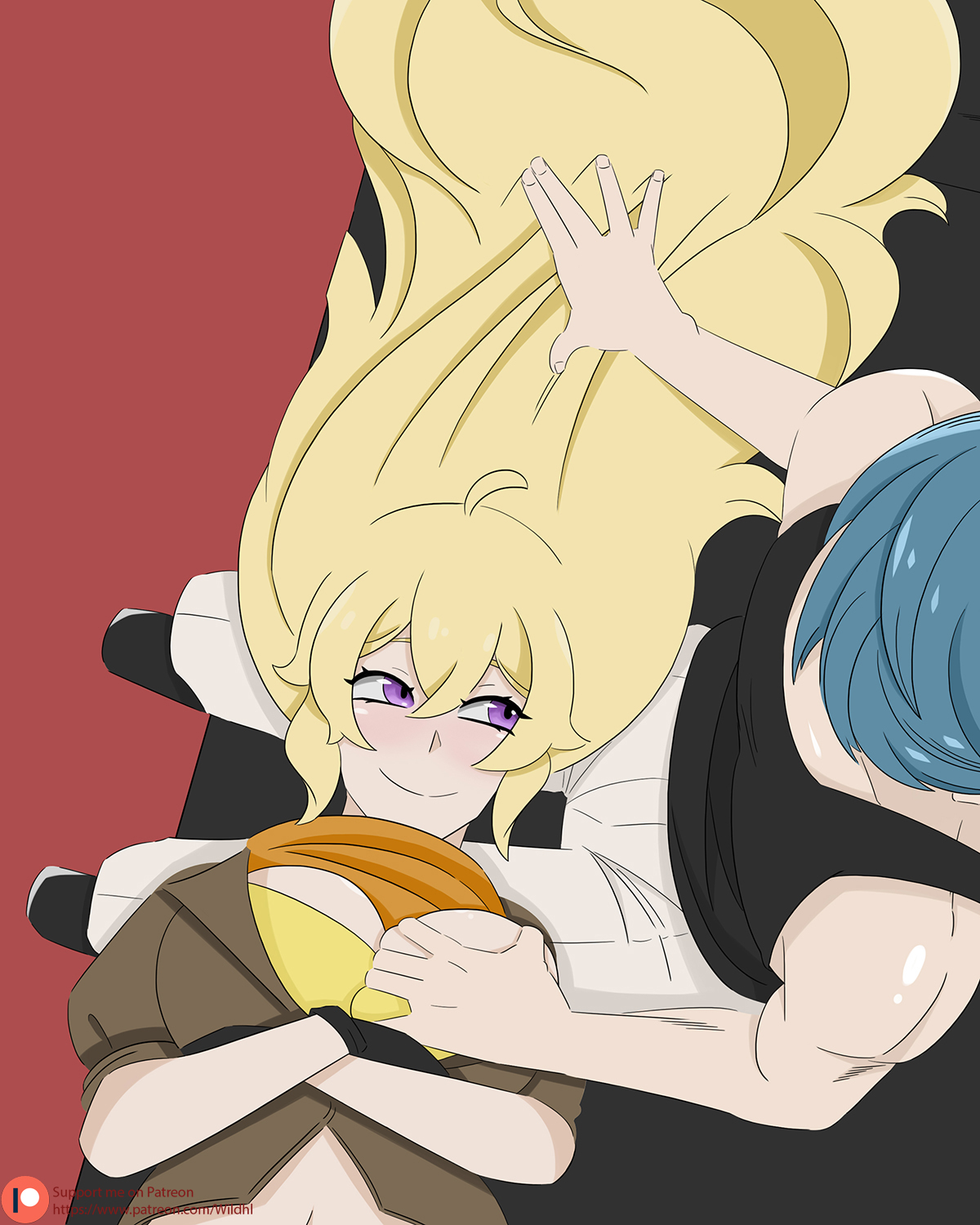 1girls, ahoge, black tank top, blonde hair, blue hair, blushing, boobs, breast grab, breasts, brown jacket, cleavage, crossed arms, female, from above, grabbing breasts, group, hair, hair grab, lap pillow, laying down, long hair, looking at another, male, naughty face, purple eyes, rwby, scarf, smile, stroking hair, unseen male face, white pants, wildhl, yang xiao long