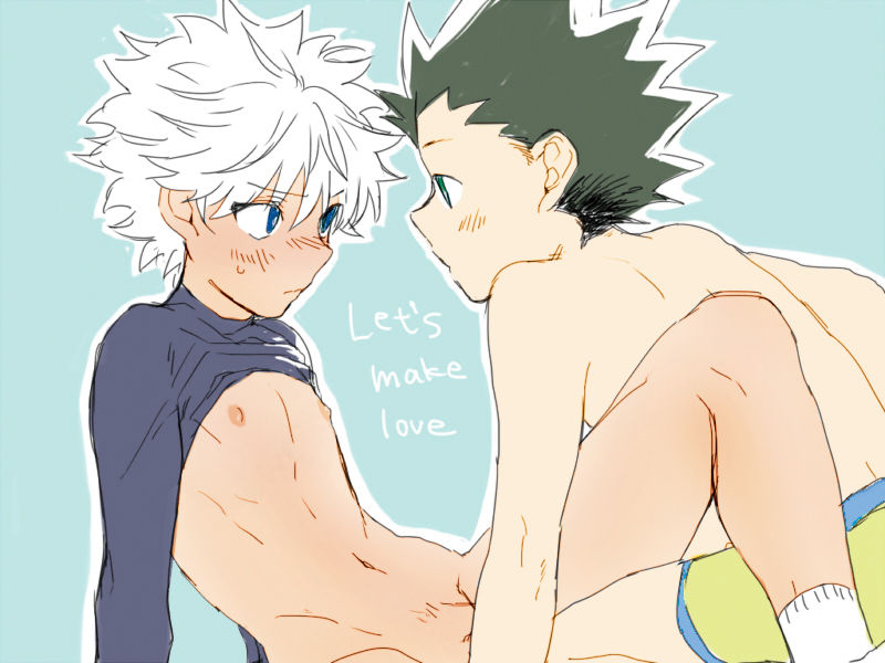 2boys, anal, blue eyes, blush, boy, english text, gay, gon freecss, green hair, hunter x hunter, killua zoldyck, light skin, light-skinned male, looking at another, male, male only, multiple boys, multiple males, pale skin, pale-skinned male, penis, sweat, sweating, teenager, twink, white hair, yaoi