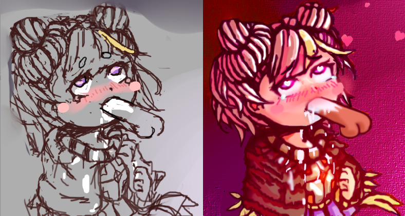 ahe_gao blowjob brown_hair chibi cum cum_drip cum_in_mouth double_bun fellatio full_color fur_jacket hair_bun khotzuna_udasy metal_armor original_character purple_background purple_skirt sketch tears yellow_hair