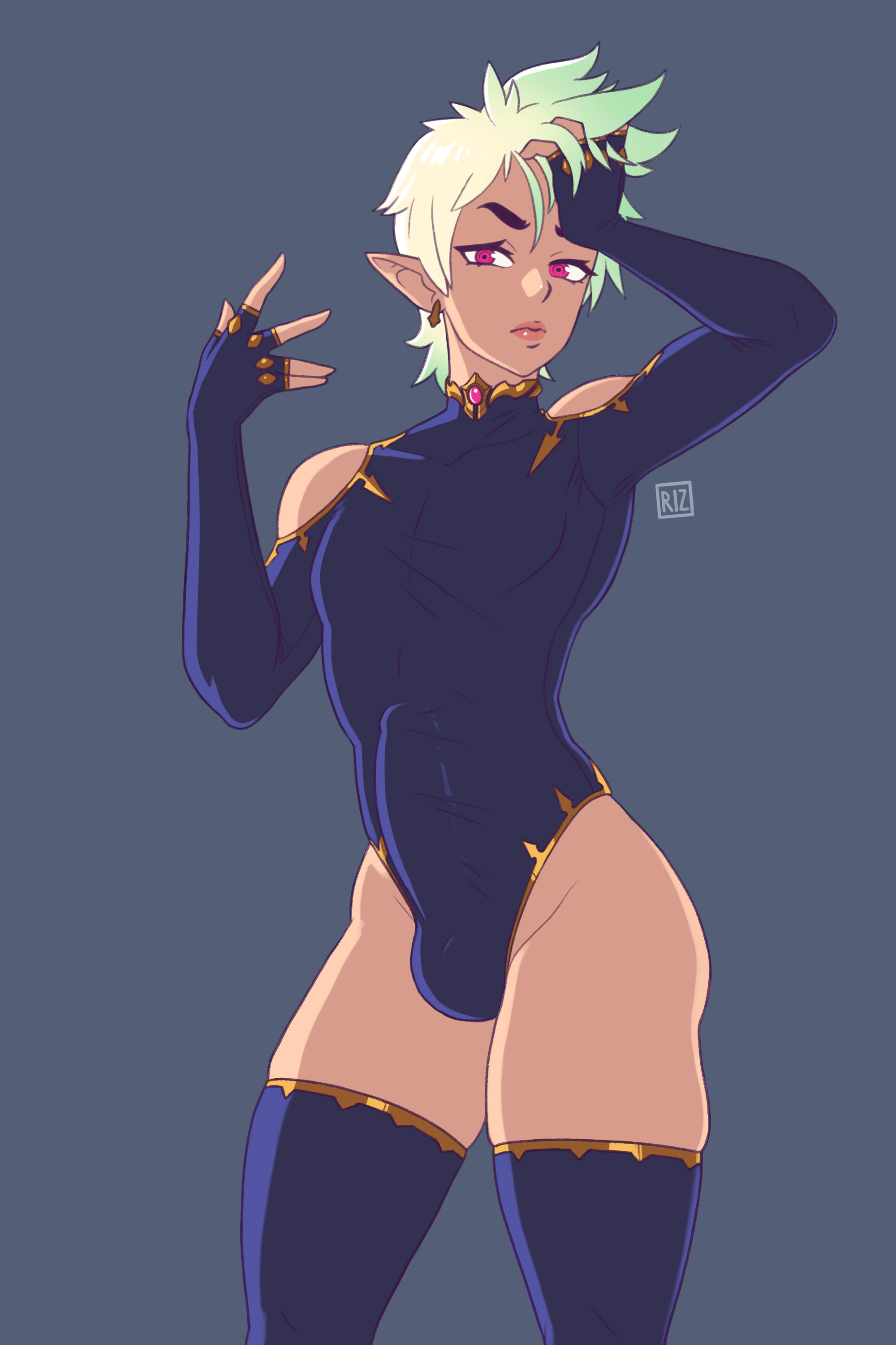 big penis, bulge, character request, femboy, green hair, leotard, male, male focus, male only, penis, rizdraws, thick thighs, thighs, trap, year request