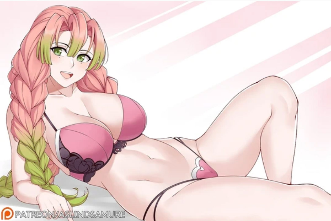 1girls, aslindsamure, big breasts, bra, braided hair, braided twintails, breasts, demon slayer, female, female only, green eyes, green highlights, kanroji mitsuri, kimetsu no yaiba, long hair, mature female, panties, pink hair, pink-haired female, smile, solo, solo focus, thick thighs, two-tone hair