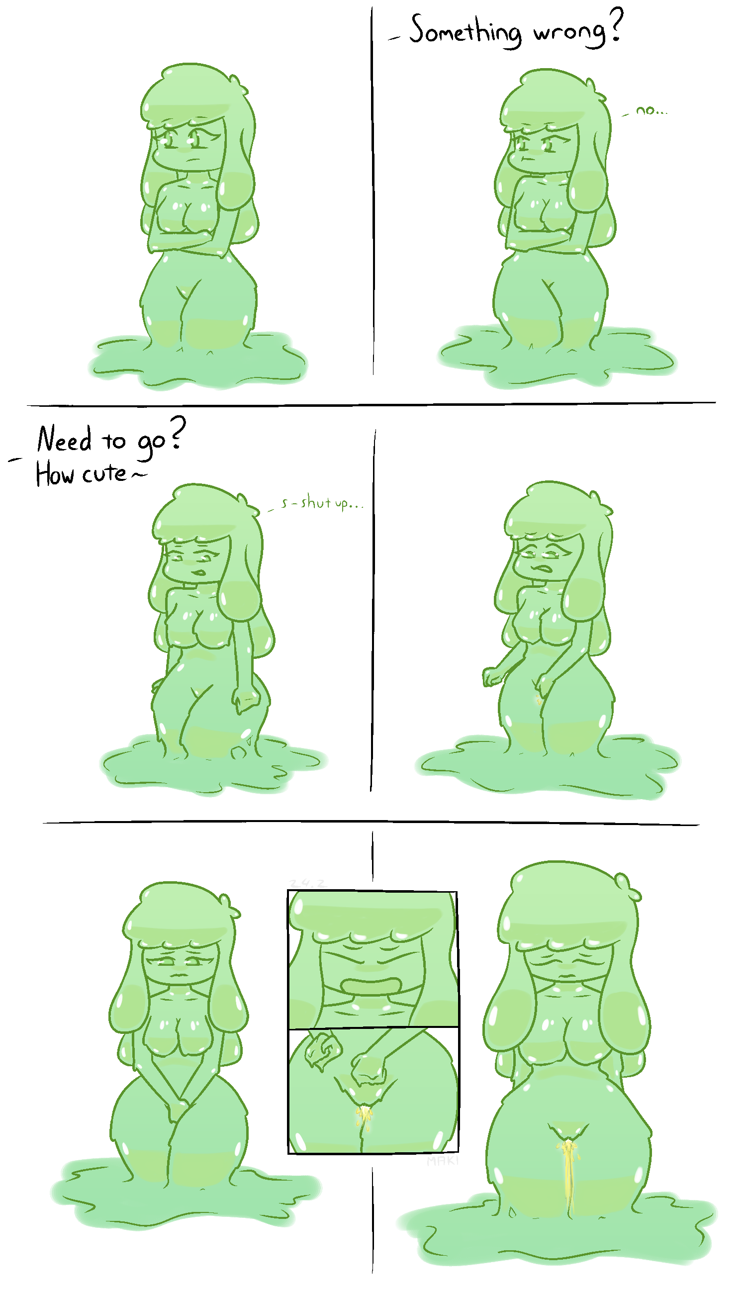 1girls, 2020, comic, desperation, female, goo girl, green body, hand on crotch, have to pee, holding crotch, makifei, omorashi, original character, peeing, shiny, simple background, slime, slime girl, urine, watersports, wetting, white background