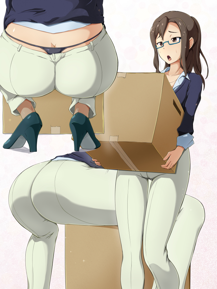 ass brown_eyes brown_hair clothing female glasses heels kouzuki_sanae oshiza panties sakura_quest squatting sweat thong