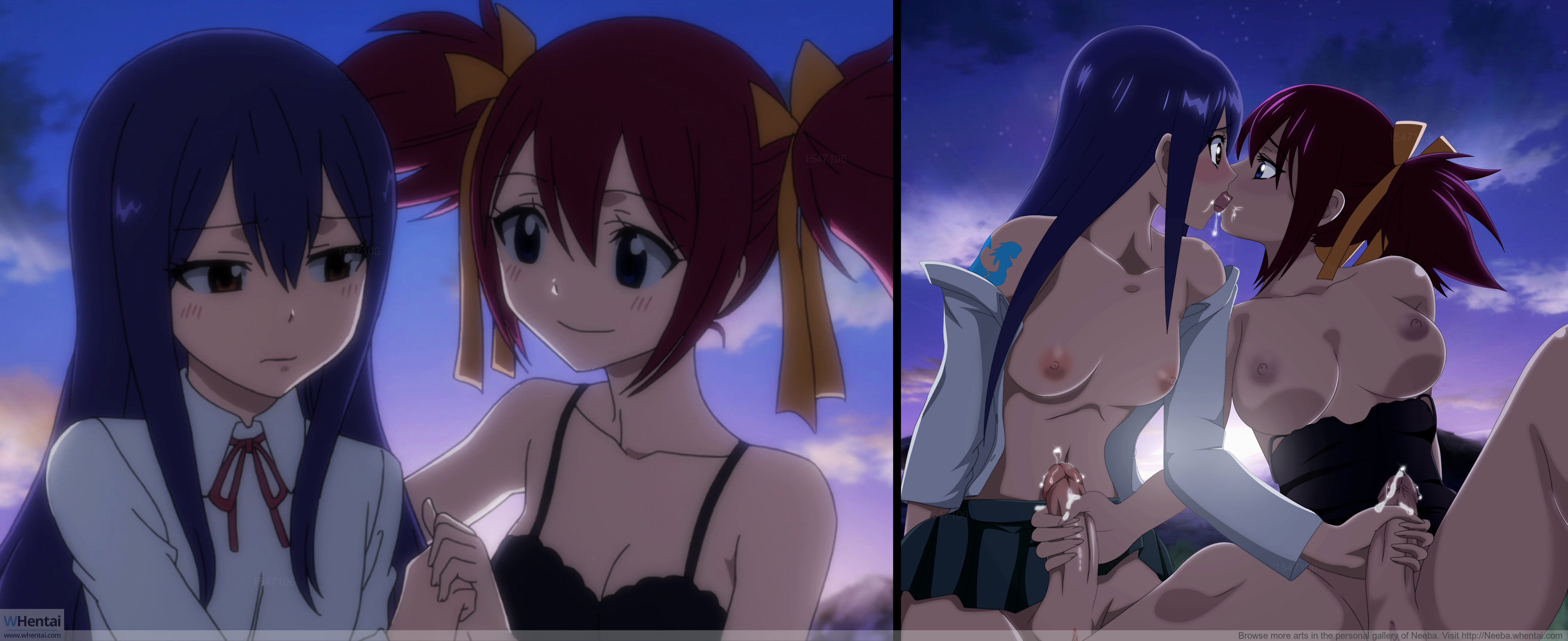 2futas, chelia blendy, cum, fairy tail, futa only, futa sans balls, futanari, hand holding, handjob, intersex, kissing, multiple futa, mutual handjob, mutual masturbation, neeba, panels, partially clothed, saliva, wendy marvell, whentai