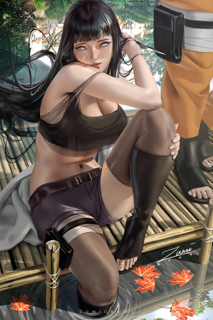 1boy, 1girls, big breasts, black hair, breasts, cleavage, feet, female, female focus, hyuuga hinata, hyuuga hinata (naruto: the last), large breasts, male, naruto, naruto (series), naruto: the last, pinup, solo focus, toes, uzumaki naruto, zumi