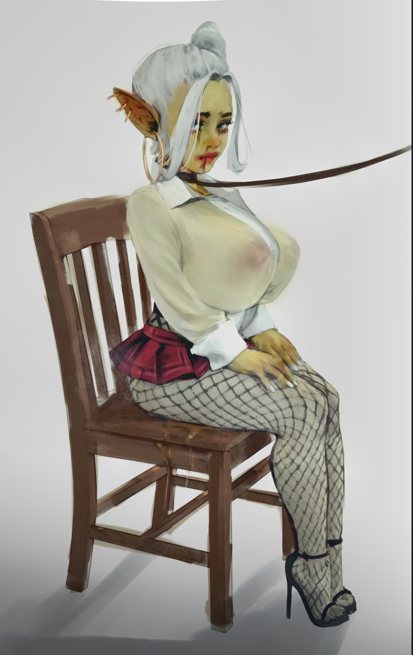 1girls, abused, areolae, blue eyes, breasts, collar, diathorn, fantasy, female, female focus, female only, femsub, fishnet, fishnet stockings, fishnets, goblin, goblin female, high heels, huge breasts, leash, looking at viewer, nipples, peeing, peeing self, restrained, see-through, sitting, sitting on chair, sitting pee, skirt, solo, solo female, urine, urine pool, white hair