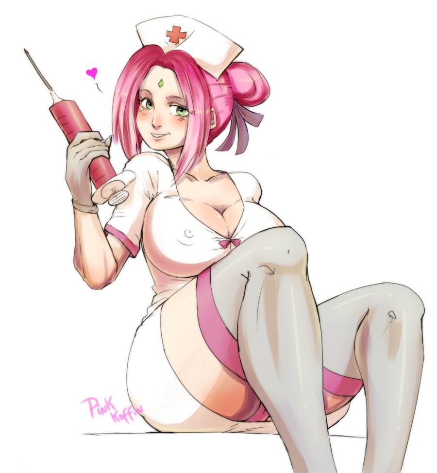 1girls, alternate breast size, big breasts, blush, boruto: naruto next generations, breasts, busty, cleavage, erect nipples, female, female only, forehead mark, gloves, green eyes, hair bun, holding object, large breasts, legwear, looking at viewer, mature female, naruto, naruto (series), nipple bulge, nipples, nurse, nurse cap, nurse uniform, panties, pantyshot, pantyshot (sitting), pink hair, pinkkoffin, ponytail, sakura haruno, sitting, solo, solo female, solo focus, stockings, syringe, thick thighs, thighs, tied hair, voluptuous, wide hips