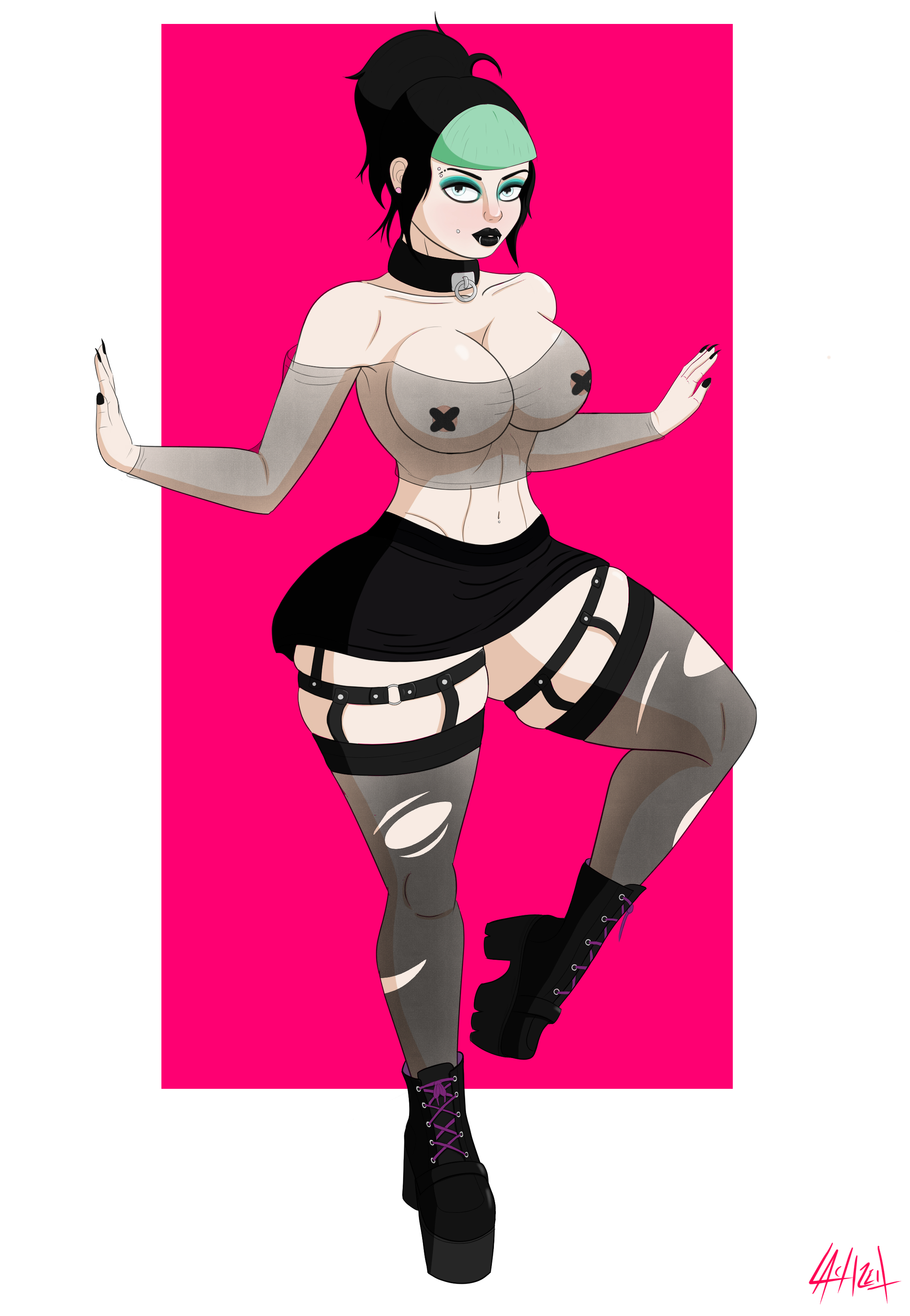 ass, big ass, big breasts, bimbo, black hair, black legwear, black lips, black lipstick, boots, breasts, choker, collar, female, goth, gothic, green hair, lachzeit, makeup, piercing, pinup, platform boots, punk, stockings, straps