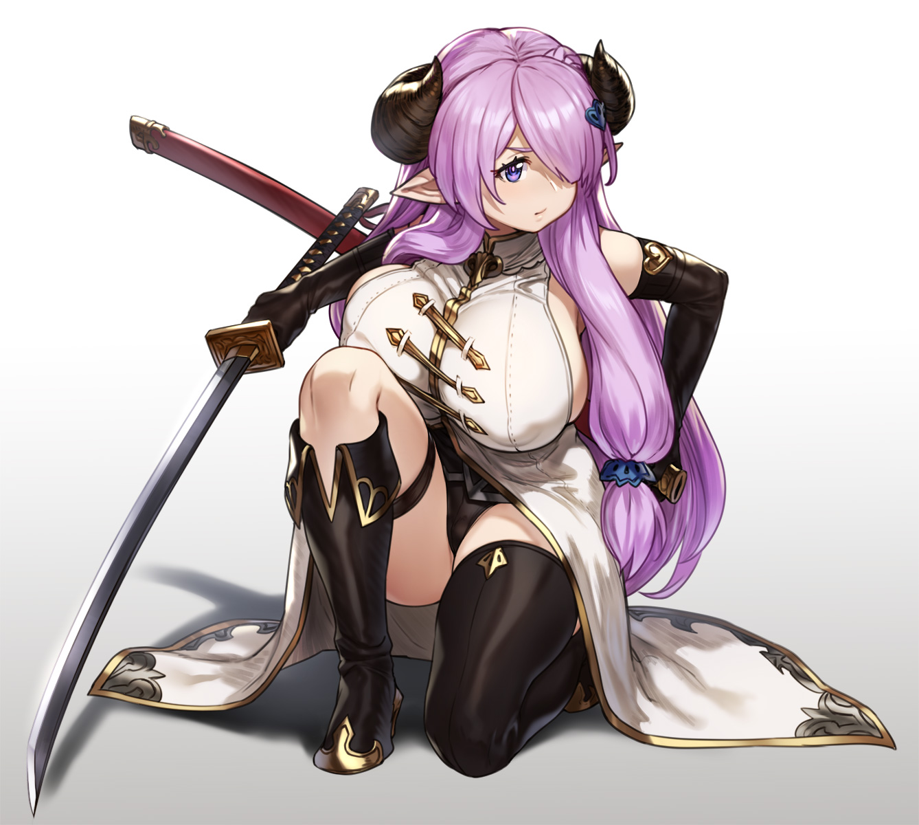 1girls, big breasts, breasts, cleavage, draph race (granblue fantasy), female, female only, granblue fantasy, houtengeki, large breasts, narmaya (granblue fantasy), one eye covered, one eye obstructed, pointy ears, solo, thighhighs