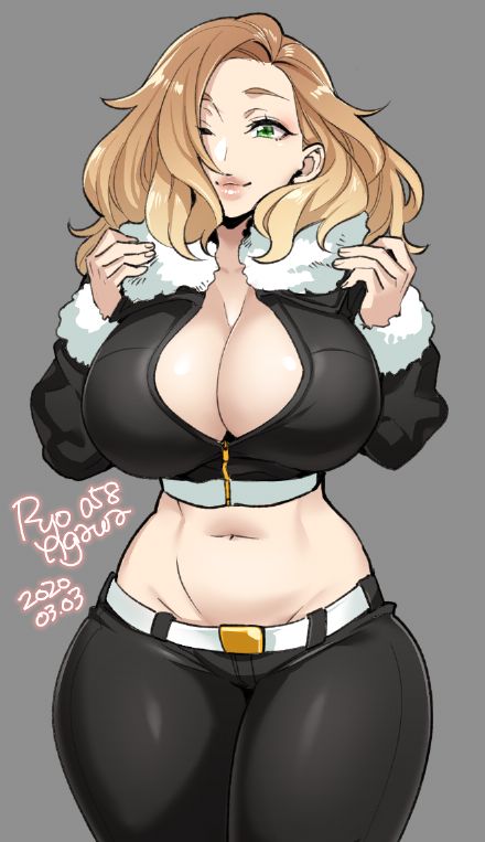 1girls, big breasts, breasts, cleavage, clothed, female, female only, fur trim, large breasts, looking at viewer, ryo agawa, solo