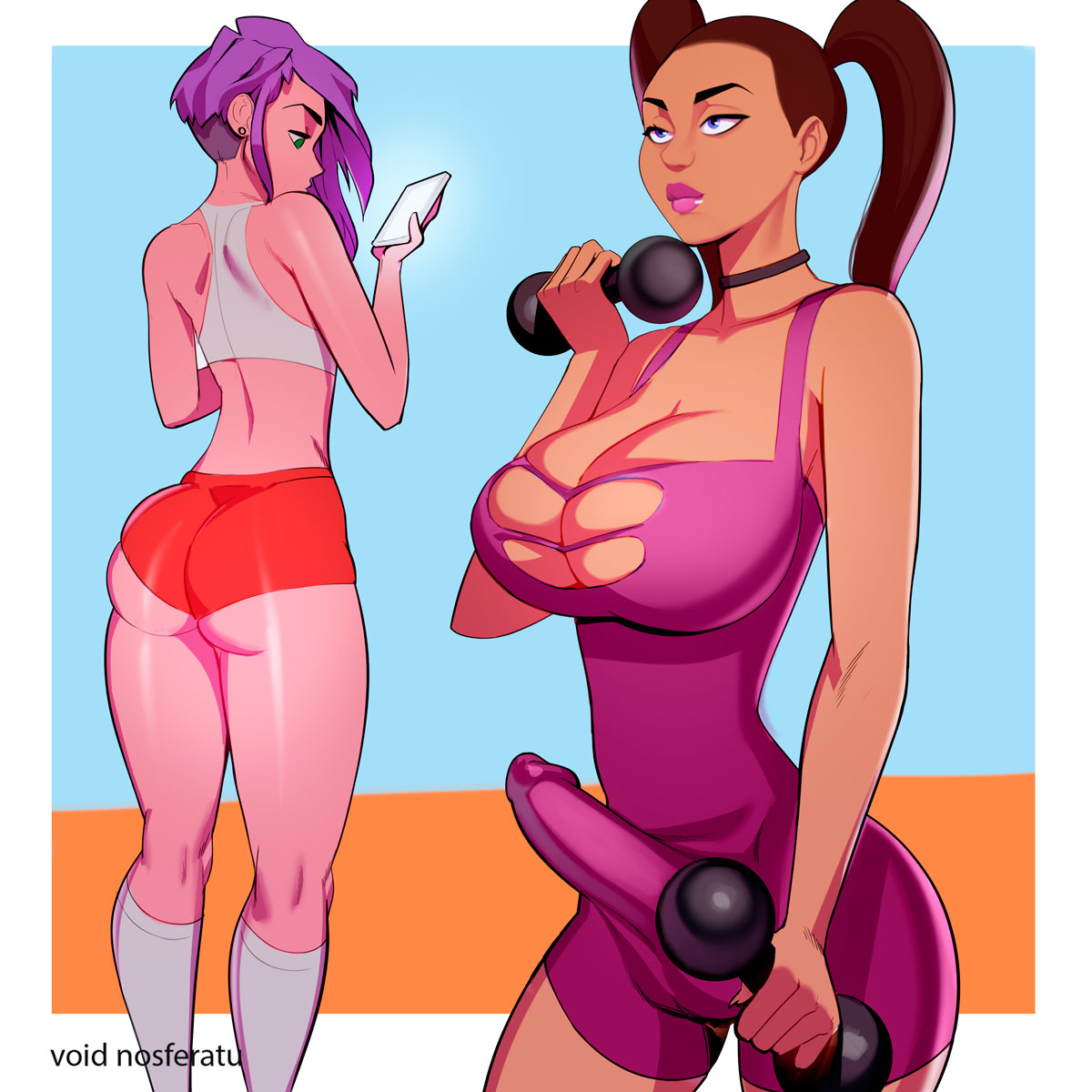 1futa, 1girls, ass, big breasts, big penis, breasts, bulge, cleavage, dickgirl, erection, erection under clothes, female, futanari, intersex, large breasts, penis, penis under clothes, voidnosferatu
