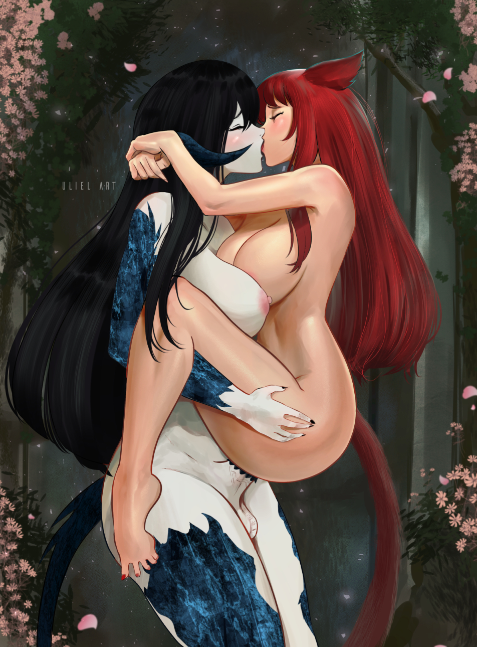 ass, au ra, big breasts, black hair, blush, breasts, cat ears, closed eyes, daeriion aeradiir, female, final fantasy, final fantasy xiv, fingernails, futa on female, futanari, hand on ass, hands on another's head, happy sex, held up, horns, intersex, interspecies, kemonomimi, kissing, kissing while penetrated, large breasts, light skin, light-skinned female, long hair, maria arvana, miqo'te, nipples, nude, outdoors, pale skin, penis, pussy, red hair, scales, sex, stand and carry position, standing, standing sex, suspended congress, tail, uliel, vaginal penetration